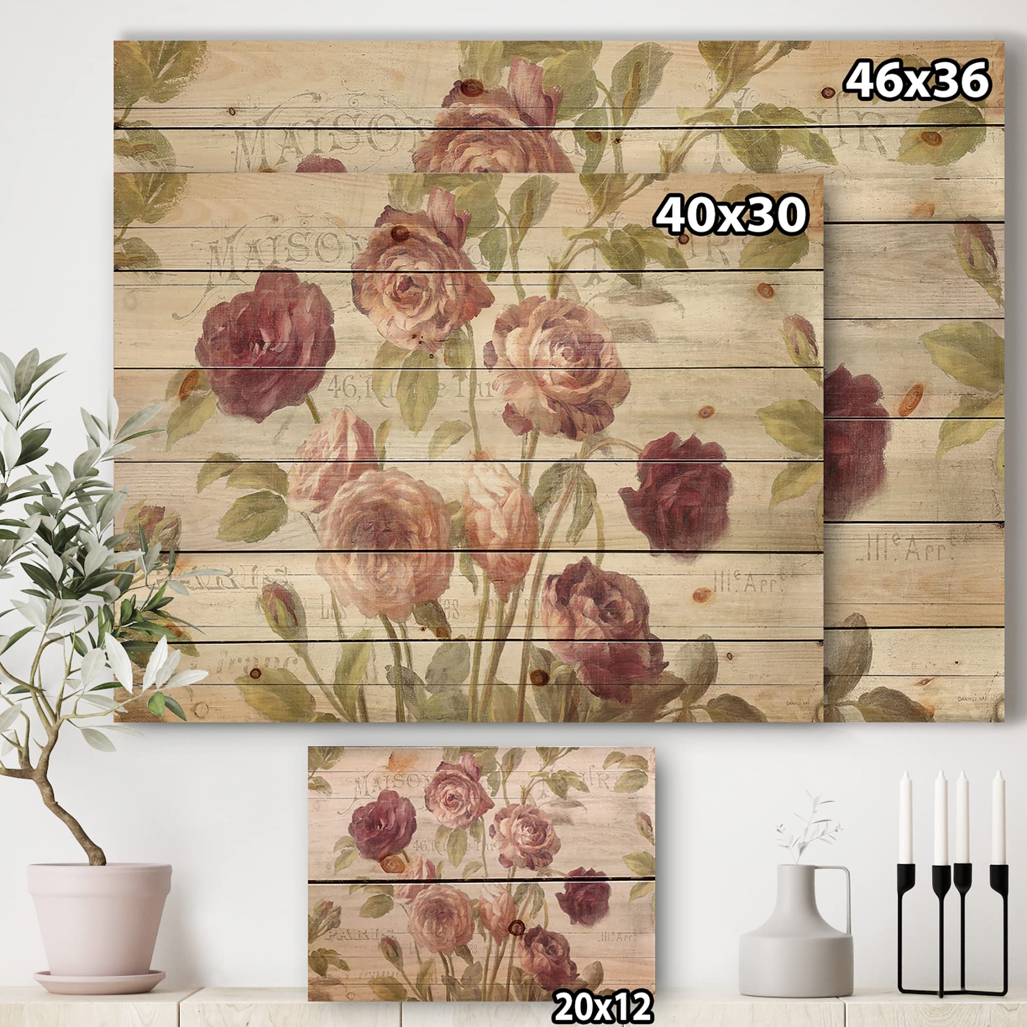 DesignQ French Roses Farmhouse Wood Wall Decor - Pink Floral Wood Wall Art, Large Printed Pine Wood Panels for Living Room, Bedroom & Home Decor