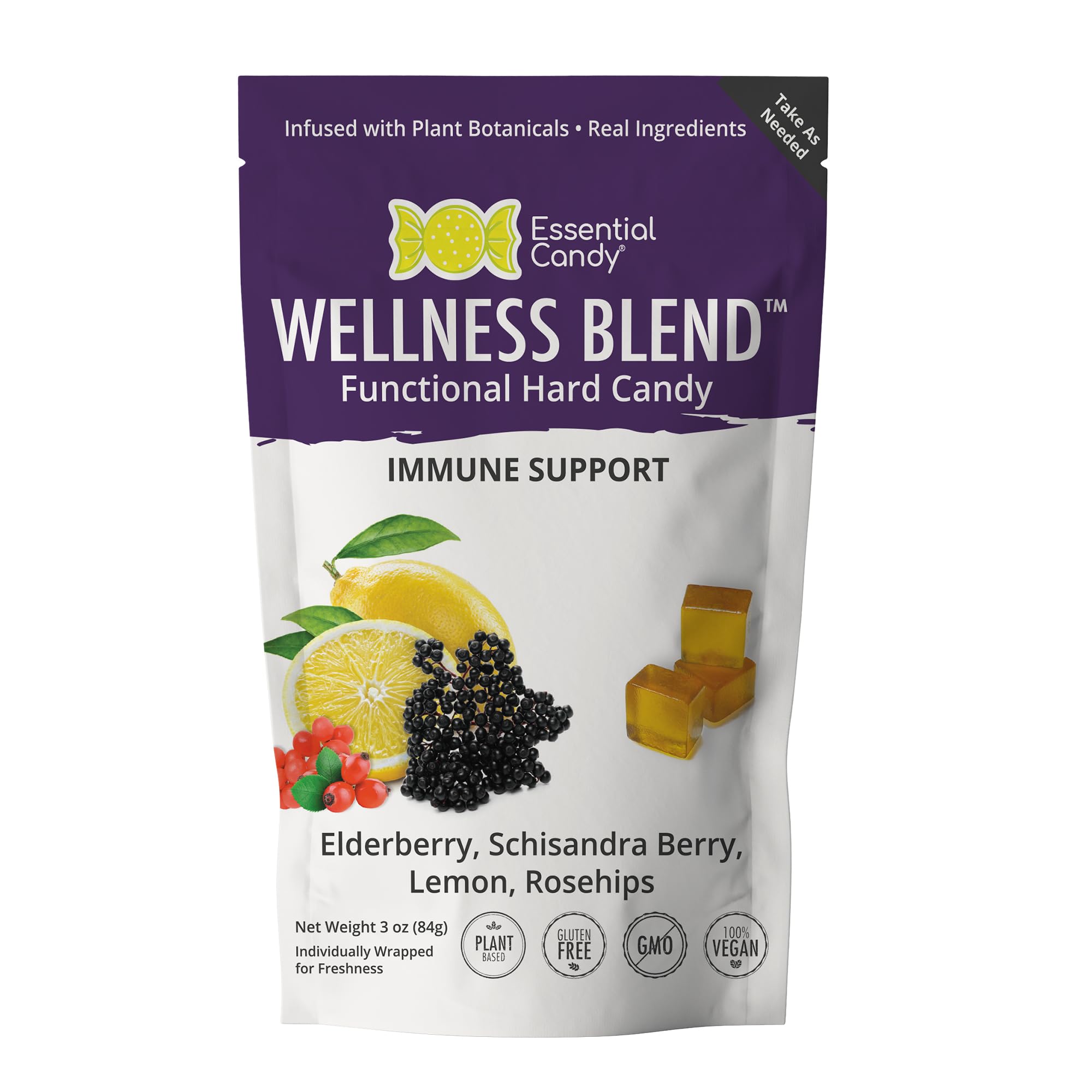 Organic Elderberry Immune Support Hard Candy with Schisandra Berry, Lemon & Rosehips - Gluten Free, Non-GMO, Vegan Wellness Blend (24 Count) - Perfect for Travel, Office Snacks & Daily Immune Boosting
