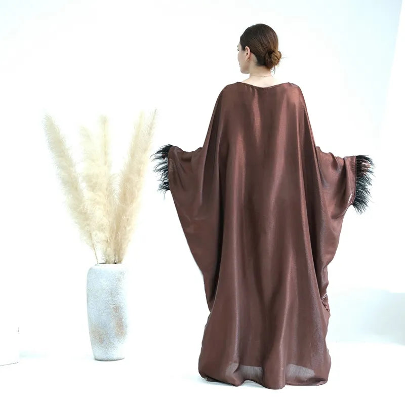 Elegant Muslim Women's Feather Sleeve Abaya Dress - Soft Nylon Cotton Blend - Perfect for Prayer, Eid Celebrations & Modest Fashion