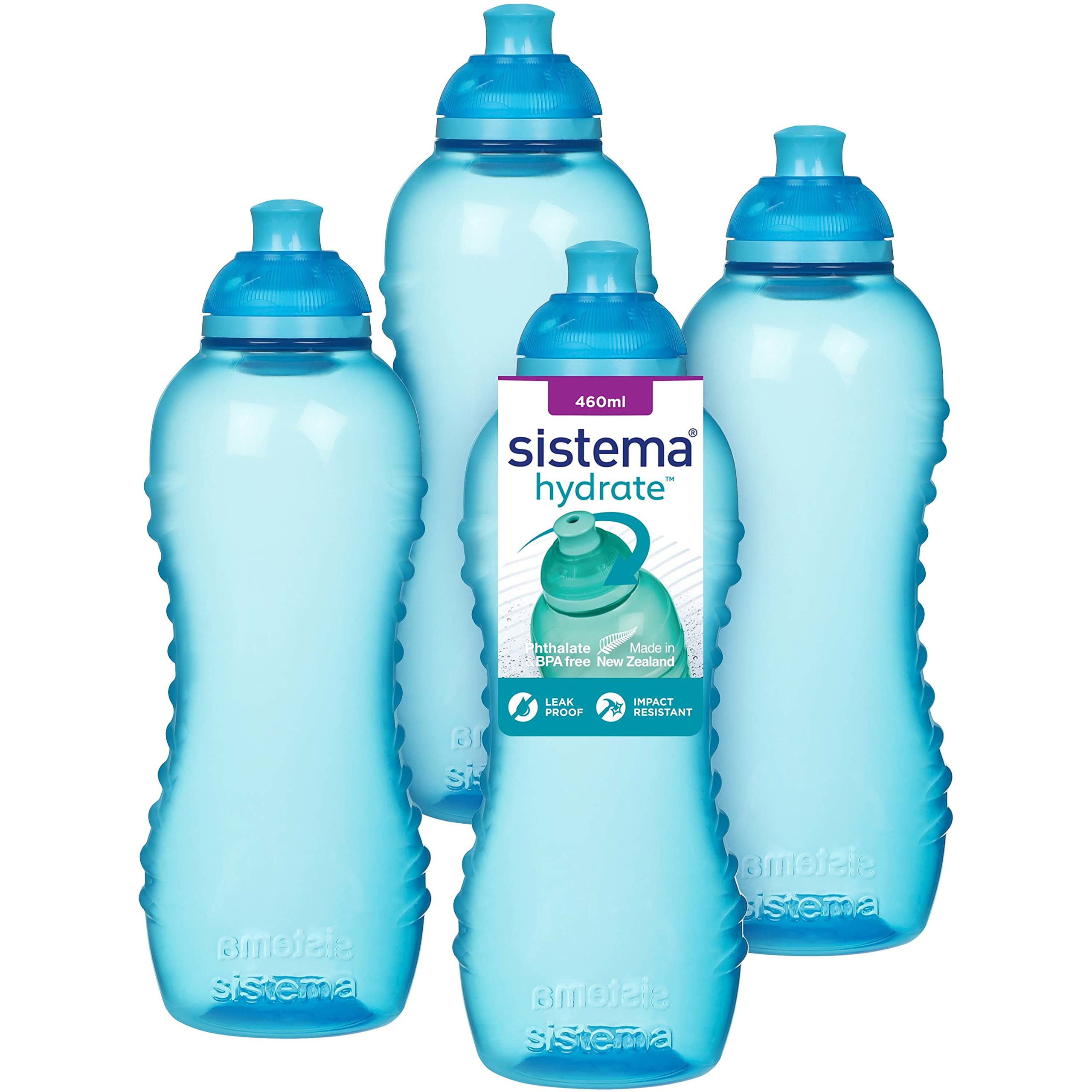 Sistema Twist 'n' Sip Squeeze Sports Water Bottle - 460ml Leakproof BPA-Free Reusable Water Bottle for Gym, Hiking & Travel - Eco-Friendly Recyclable with TerraCycle® - Set of 4 Blue Bottles