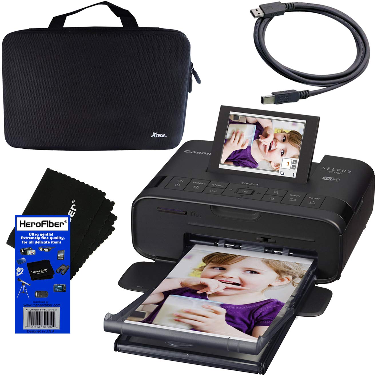 Canon SELPHY CP1300 Wireless Compact Photo Printer (Black) with Xtech Hard Case, USB Cable & HeroFiber Cleaning Cloth – Portable Printing for Home, Travel & Events