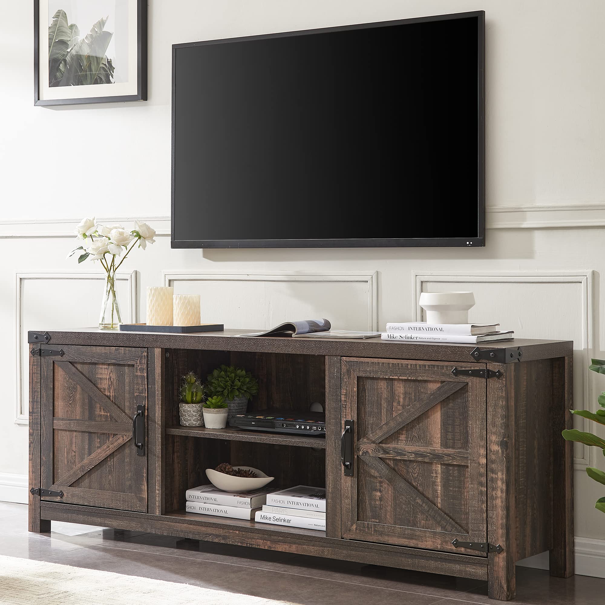 Farmhouse TV Stand for 75 Inch TVs - Rustic Oak Wood Media Console with Barn Doors & Storage Cabinets - Easy Assembly Entertainment Center for Living Room, Home Theater & Family Room Decor