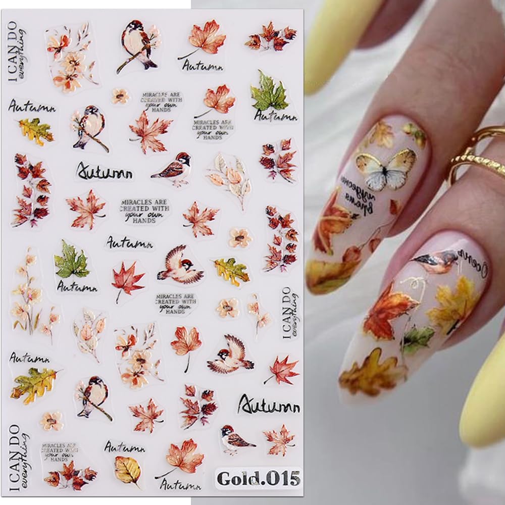3D Embossed Fall Nail Stickers - Red Gold Maple Leaf Nail Art Decals for Women | Self-Adhesive Autumn Nail Designs | Thanksgiving Nail Accessories (4 Sheets) | Perfect for Halloween, Thanksgiving Parties & Autumn Nail Art