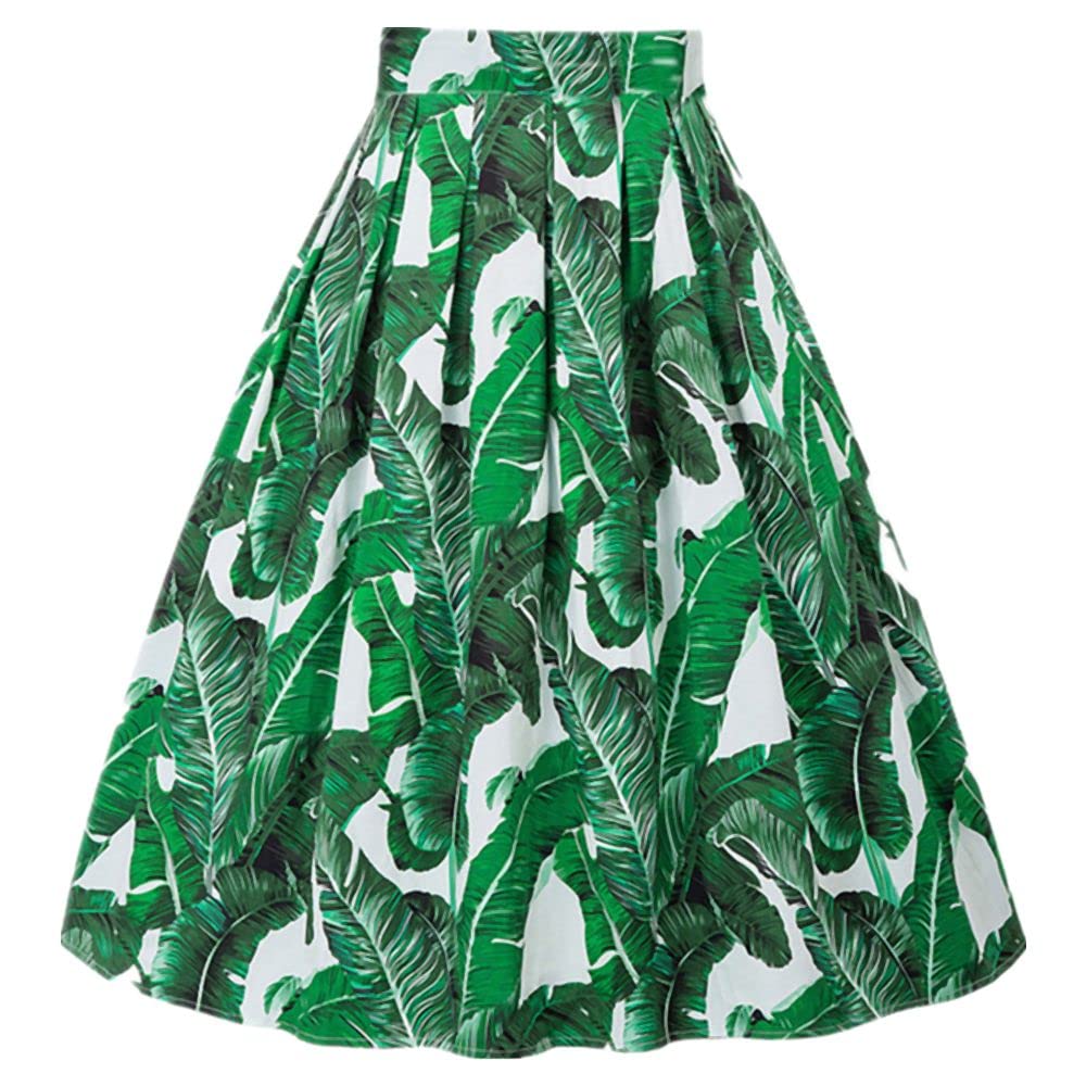 Women's Leaf Green Floral Print Summer Swing Skirt - High Waist A-Line Skirt for Beach, Vacation & Casual Outings