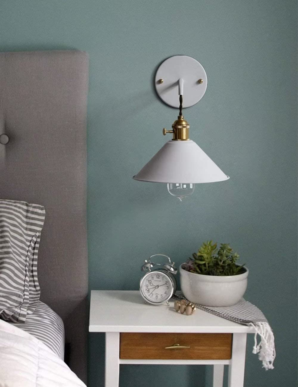 White Plug-in Wall Sconces Set of 2 - Modern Bedroom Wall Lights with E26 Edison Brass Lamp Holder & Frosted Glass Shade - Plug-in Cord Included - Perfect for Bedroom, Living Room, or Hallway Lighting