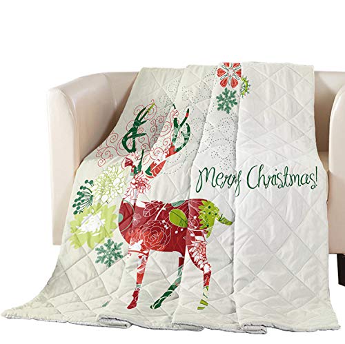 Premium King Size Quilted Bedspread - Soft Cotton Filled Comforter with Colorful Fantasy Flower & Reindeer Design for Bed, Couch or Sofa | Christmas Holiday Decor & Cozy Winter Bedding