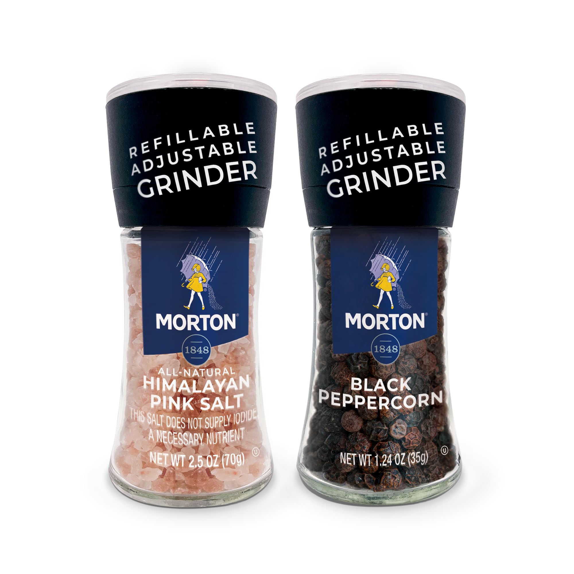 Premium Himalayan Pink Salt & Black Peppercorn Grinder Set - Adjustable & Refillable 2-Pack (2.5oz Salt + 1.25oz Pepper) - Perfect for Cooking, Seasoning, Steak, Salad & Gourmet Dishes - Ideal Kitchen Gift & Home Use