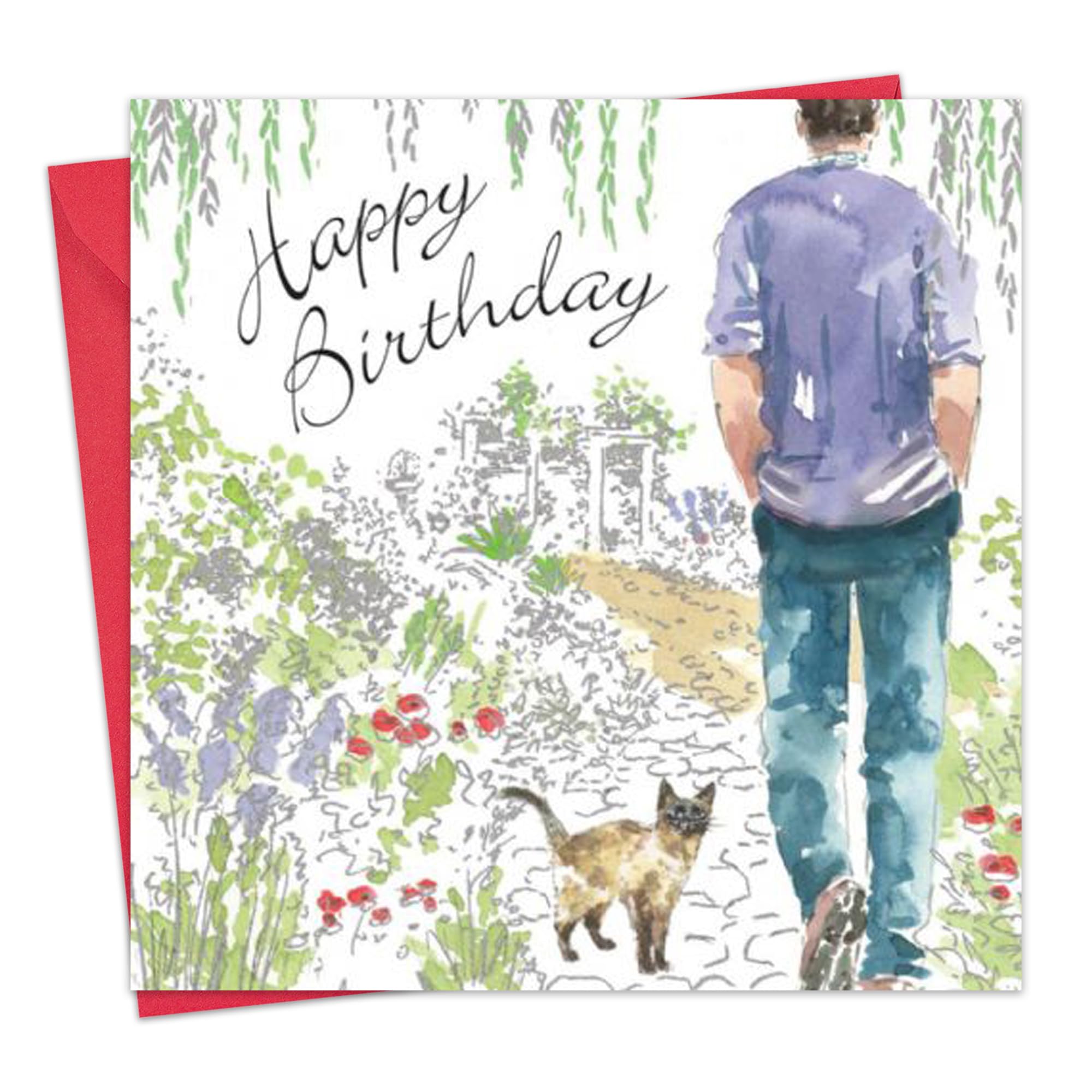 Twizler Happy Birthday Card for Men - Elegant Green & Silver Foil with Watercolor Design - Cat & Gardening Theme Greeting Card - Perfect for Husband, Father, Brother | Birthday Gifts, Office Celebrations, Special Occasions