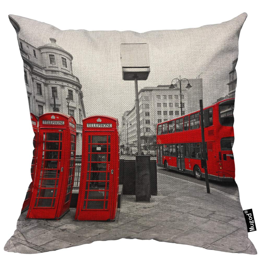 London City Themed Throw Pillow Cover - Double Decker Bus & Telephone Box Design in Red, Grey, Black & White - 18x18 Inch Decorative Cotton Linen Square Cushion Cover for Sofa, Bed, Couch - Perfect for Home Decor, Living Room, Office & Gift Giving