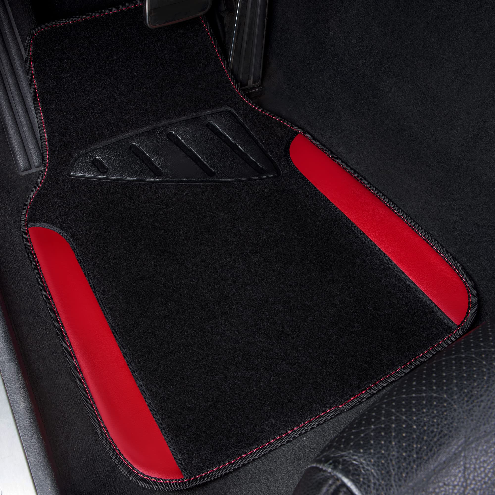 Premium Waterproof Car Floor Mats - Universal Fit for SUV, Van, Sedan, Truck - Anti-Slip Nibbed Backing with Driver Heel Pad - Luxury Leather Automotive Floor Liners (Black & Red) - Perfect for Daily Commutes, Road Trips & All-Weather Protection