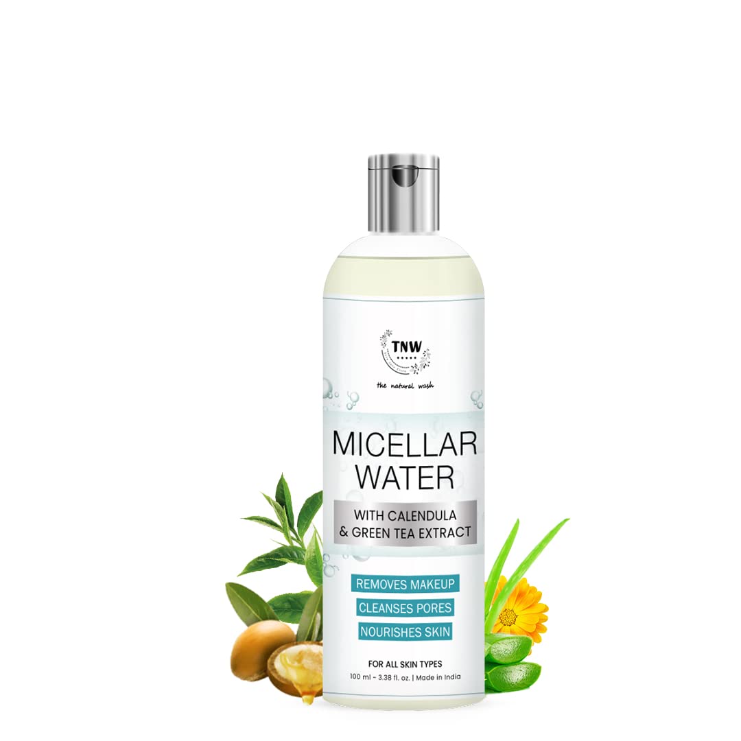 Natural Wash Micellar Water (100ml) with Calendula, Green Tea & Aloe Vera Extracts - Deep Cleansing for Clogged Pores, Impurities & Dirt | Gentle Moisturizing Facial Cleanser | Perfect for Daily Skincare & Makeup Removal