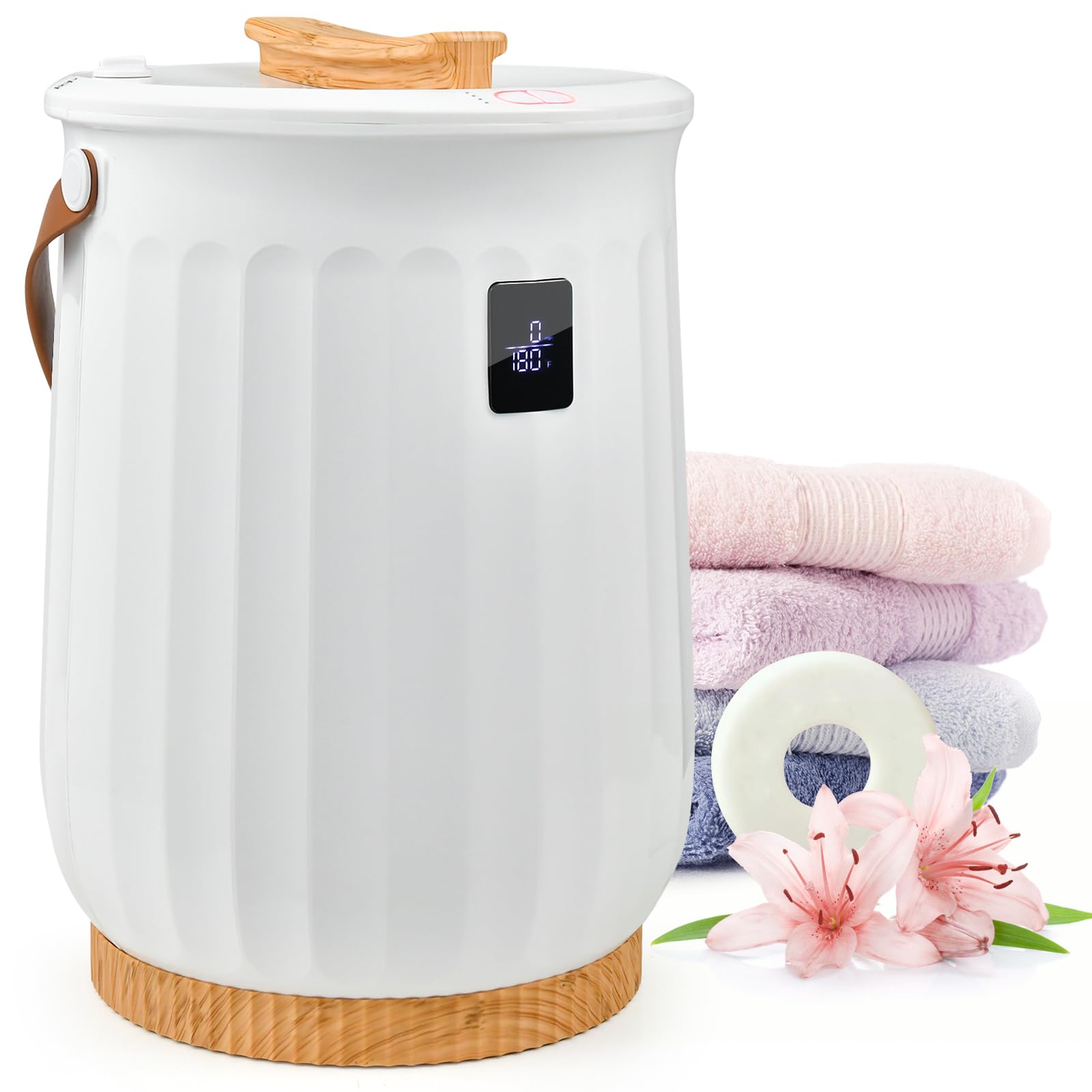 Tangkula 20L Electric Towel Warmer Bucket with LED Display - Adjustable Timer, Aromatherapy Disc Holder & Auto Shut Off - PU Leather Handle, Child Safety Lock & ETL Certified (White) - Perfect for Spa, Salon, Bathroom & Home Relaxation