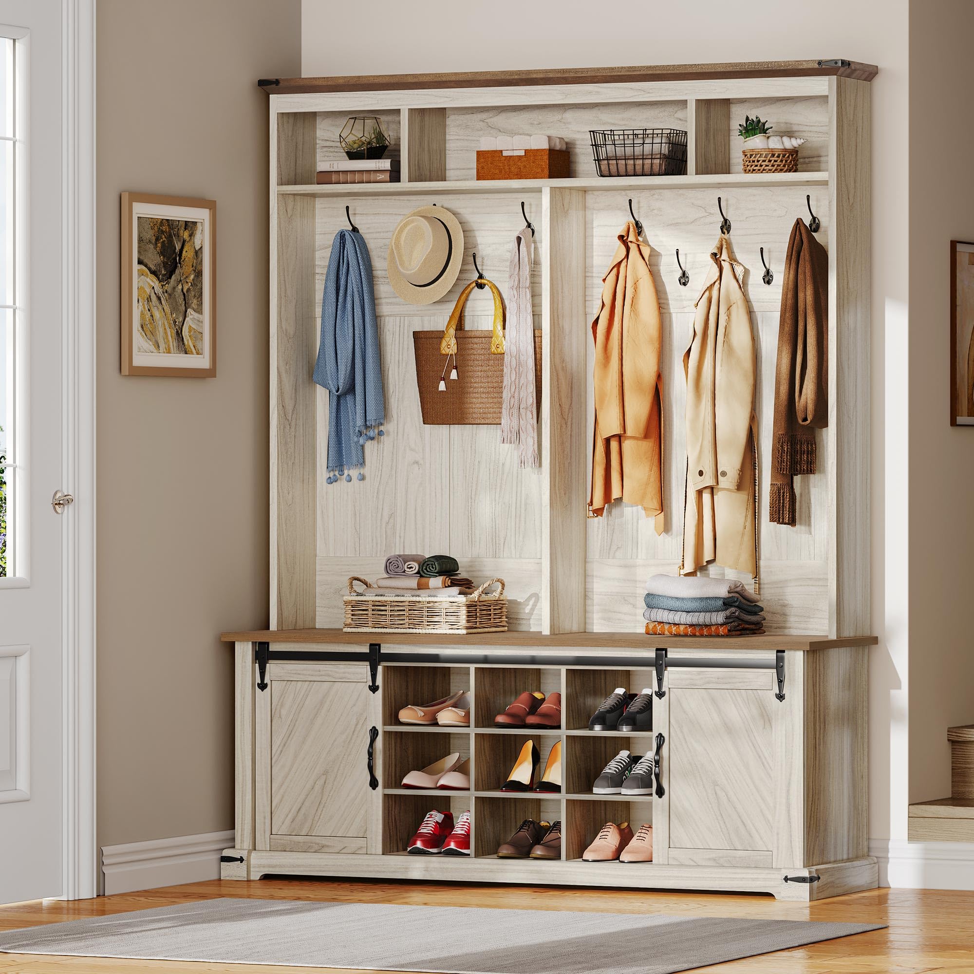 YITAHOME Farmhouse Entryway Bench with Coat Rack, Shoe Storage & 10 Hooks - Rustic Hall Tree Organizer with Sliding Barn Doors & 13 Shoe Compartments - Perfect for Mudroom, Foyer & Small Space Entryway Organization