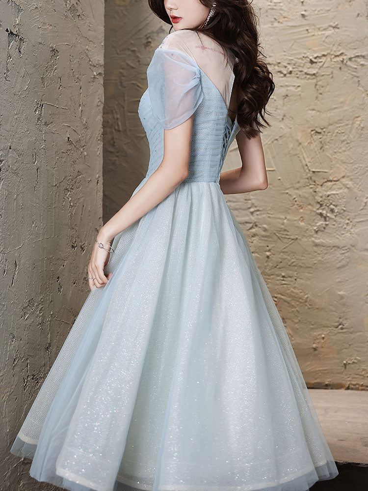 Elegant Blue Round Neck Tulle Short Prom Dress - Homecoming Party Gown for Teens | Perfect for Prom Night, Homecoming Dance & Special Occasions