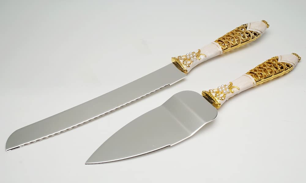 Lassos Boutique 4-Piece Wedding Champagne Flutes & Cake Knife Set - Gold Plated Bridal Shower, Anniversary, and Reception Toasting Essentials for Romantic Celebrations