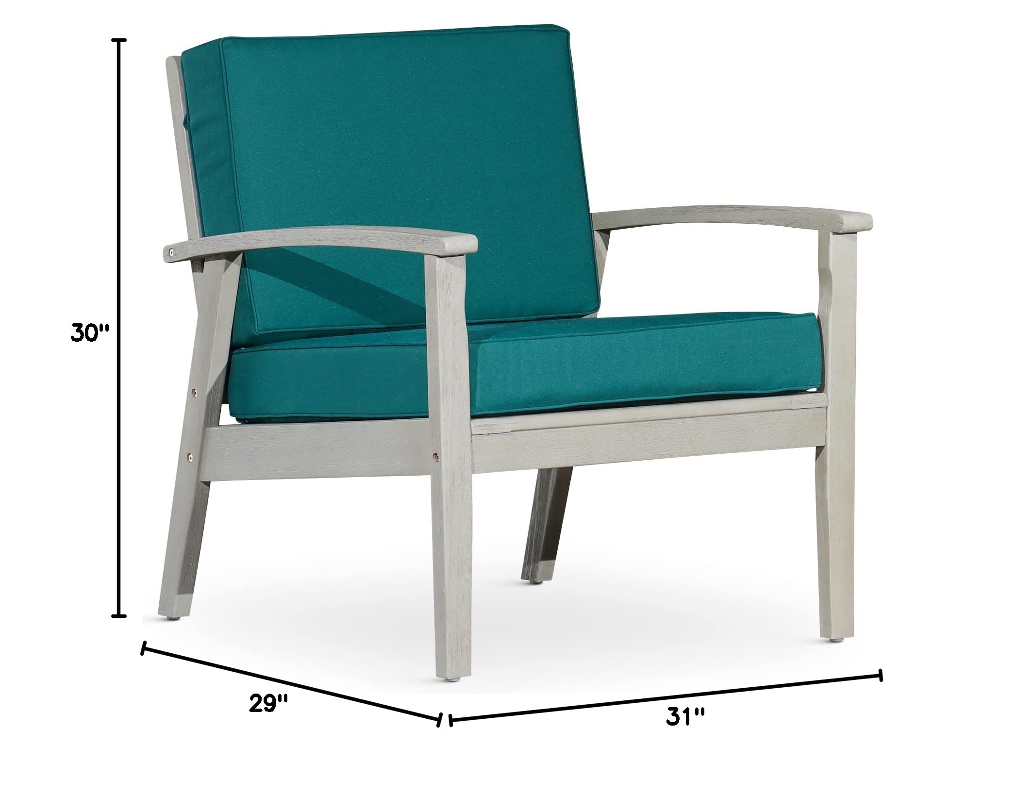 DTY Outdoor Living Longs Peak Deep Seat Eucalyptus Patio Chair - Weather-Resistant Driftwood Gray Finish with Dark Green Cushions - Perfect for Backyard, Garden, Poolside & Patio Relaxation