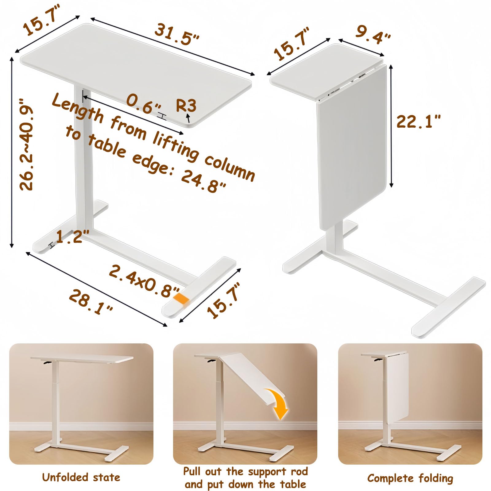 Adjustable Height Overbed Table with Hidden Wheels - Foldable Mobile Standing Desk for Laptop, Computer & Workspace - Ideal for Hospital, Home Office & Bedside Use