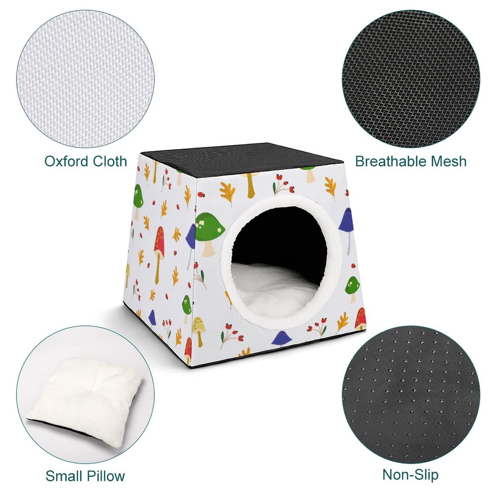 Cozy Printed Cat Cube Bed - Indoor Cat House with Soft Pillow for Kittens & Small Dogs - Mushroom Design Pet Sofa for Living Room & Bedroom