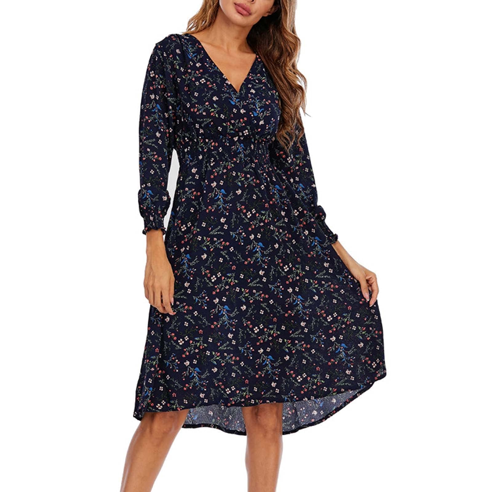 Women's Midi Floral Dress with Sleeves - Casual V-Neck Boho Swing Dress for Spring & Summer | Perfect for Beach Vacations, Date Nights & Outdoor Parties