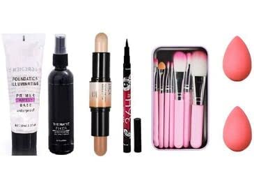 7Pcs Professional Pink Makeup Brush Set with 36H Eyeliner, Matte Fixer, Primer & Beauty Blenders - Complete Cosmetic Kit for Women & Girls | Perfect for Daily Makeup, Contouring & Professional Looks