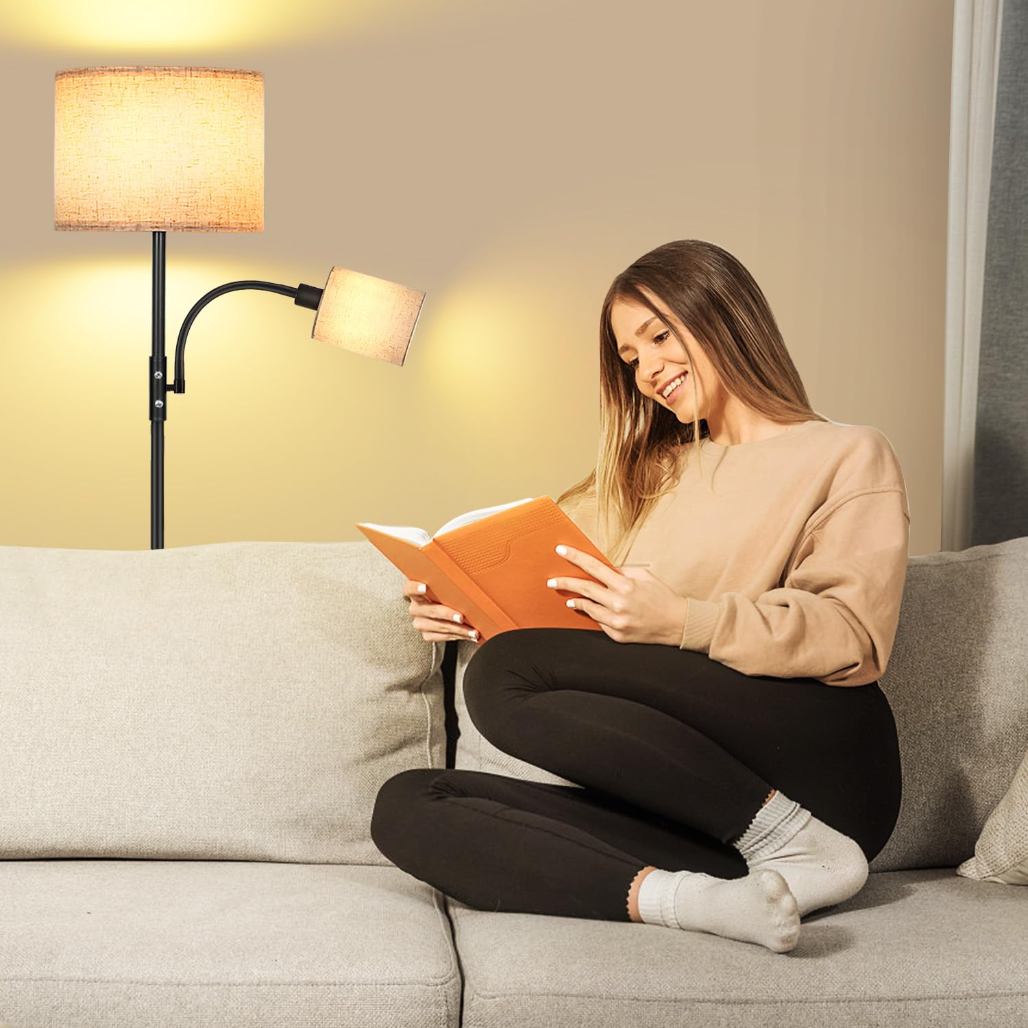 OTREN Modern Floor Lamp with 9W E27 Bulb & 4W Reading Light, Adjustable Linen Shade & Foot Switch - Perfect for Living Room, Bedroom, Dining Room - Ideal for Reading, Relaxing & Ambient Lighting