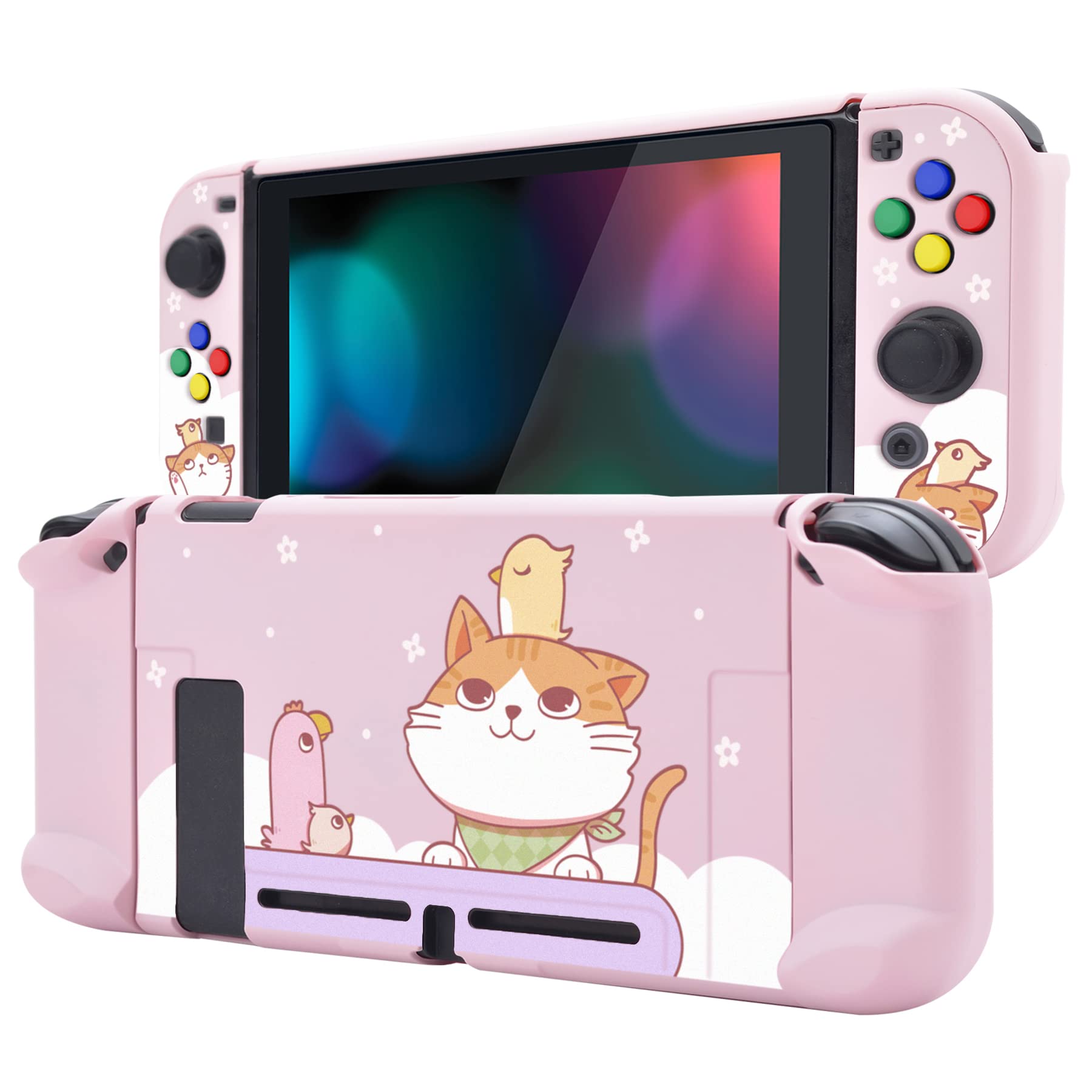 eXtremeRate PlayVital Hard Shell Back Cover for Nintendo Switch - Durable Protective Case with Colorful ABXY Button Caps (Kitten & Chicken Design) | Dockable Joycon Cover for Gaming & Travel Protection
