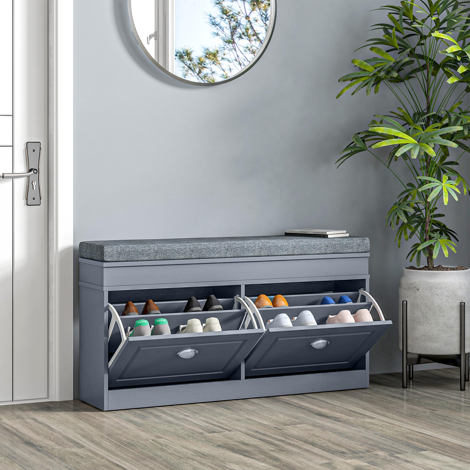 Modern Shoe Rack Bench with Storage - Entryway Organizer with Cushioned Seat, 2 Drawers & Adjustable Shelf (Holds 8 Pairs) - Perfect for Hallway, Living Room, Bedroom & Entry Organization - Space-Saving Gray Shoe Storage Solution for Small Apartments & Homes