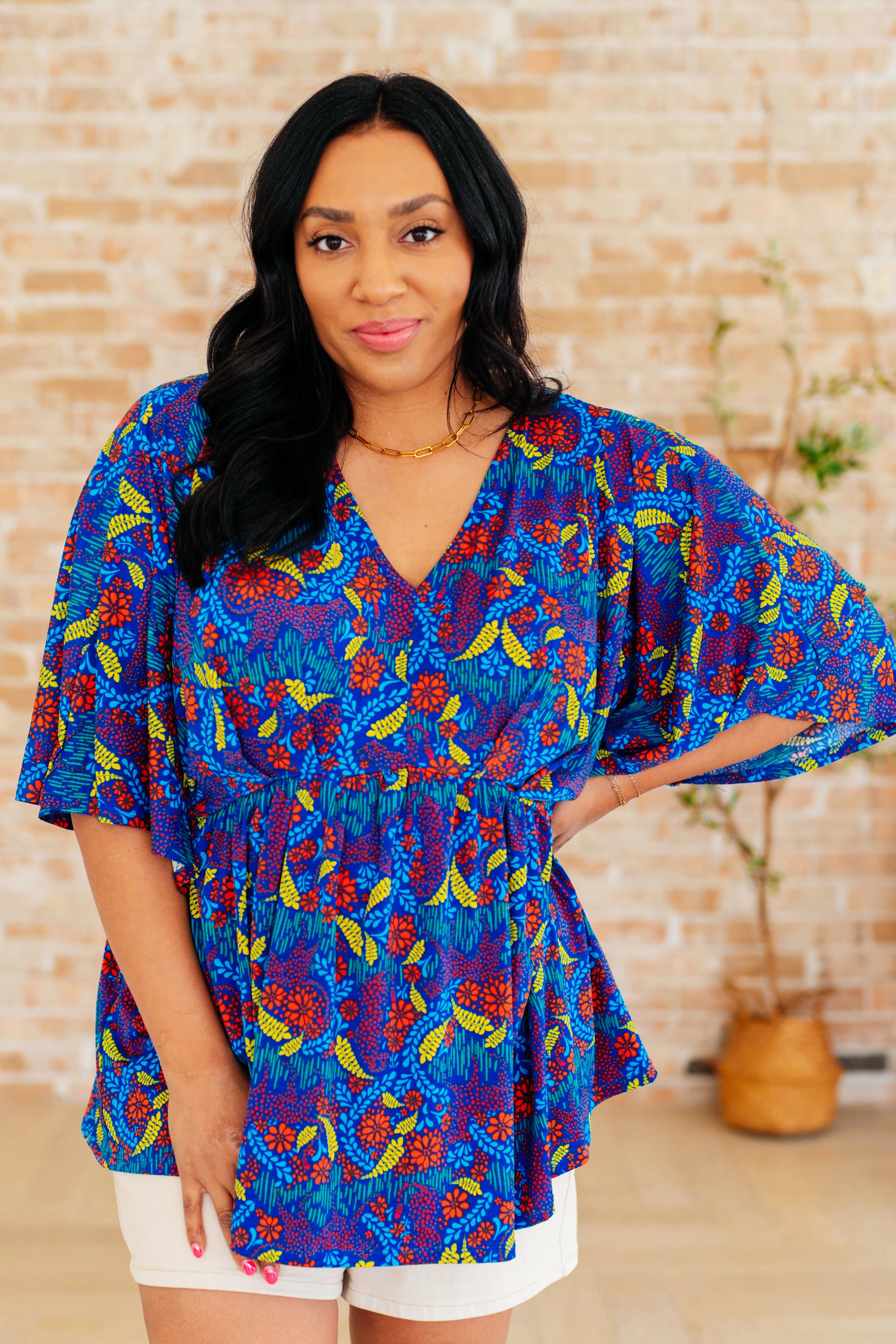 Dreamer Peplum Top - Royal & Red Abstract Print Women's Blouse for Casual Wear, Office & Party Outfits