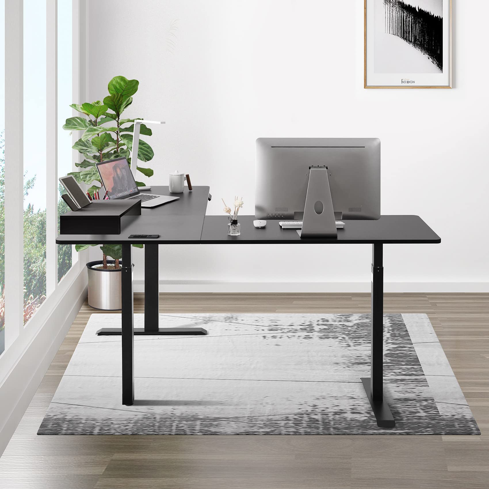UNICOO L-Shaped Triple Motor Electric Height Adjustable Standing Desk - 60 x 60 Inch Corner Desk for Gaming & Home Office, Ergonomic Workstation with Easy Touch Control & Solid Steel Frame (Black Top/Black Frame - XOT-L3E-BB) - Perfect for Small Spaces, Streaming Setup and Productivity Boost