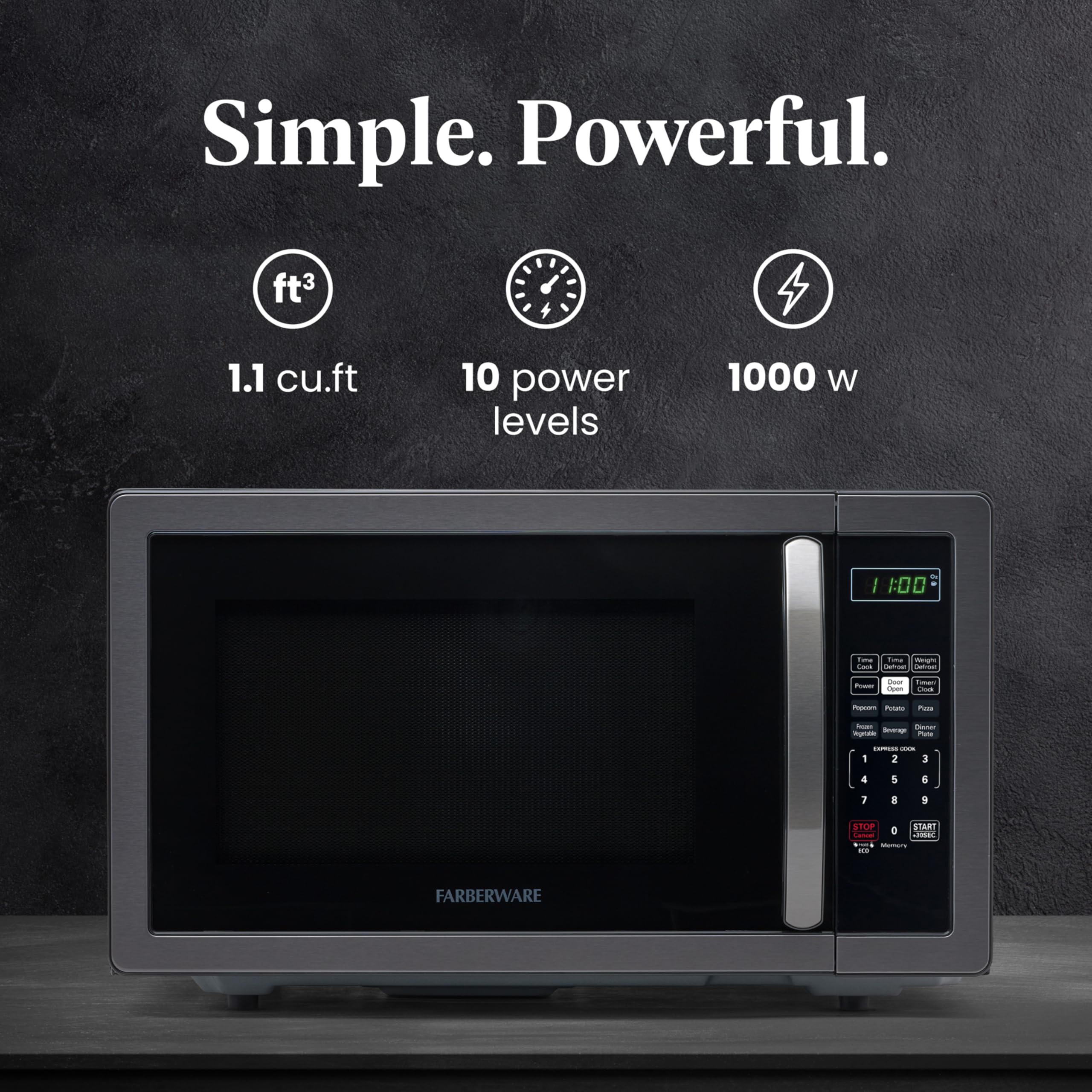 Farberware 1.1 Cu Ft 1000W Countertop Microwave Oven with LED Lighting & Child Safety Lock - Black Stainless Steel - Easy to Clean - Compact Microwave for Small Kitchens, Apartments, Dorms & Office Break Rooms
