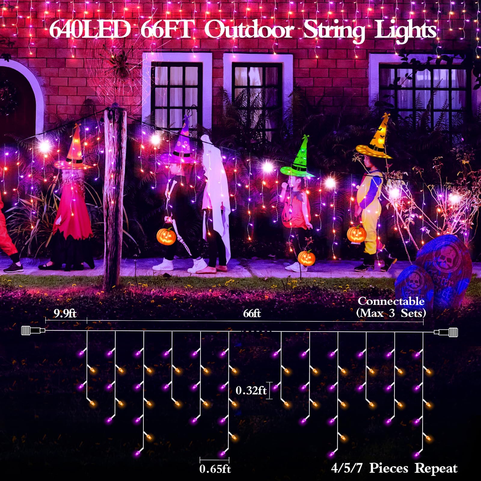 JXLEDAYY 65 FT 640 LED Halloween String Lights - Outdoor Waterproof Fairy Lights with 8 Modes & Memory Timer - Orange and Purple Holiday Decor for Halloween, Christmas, Wedding, Party, Garden, and Patio