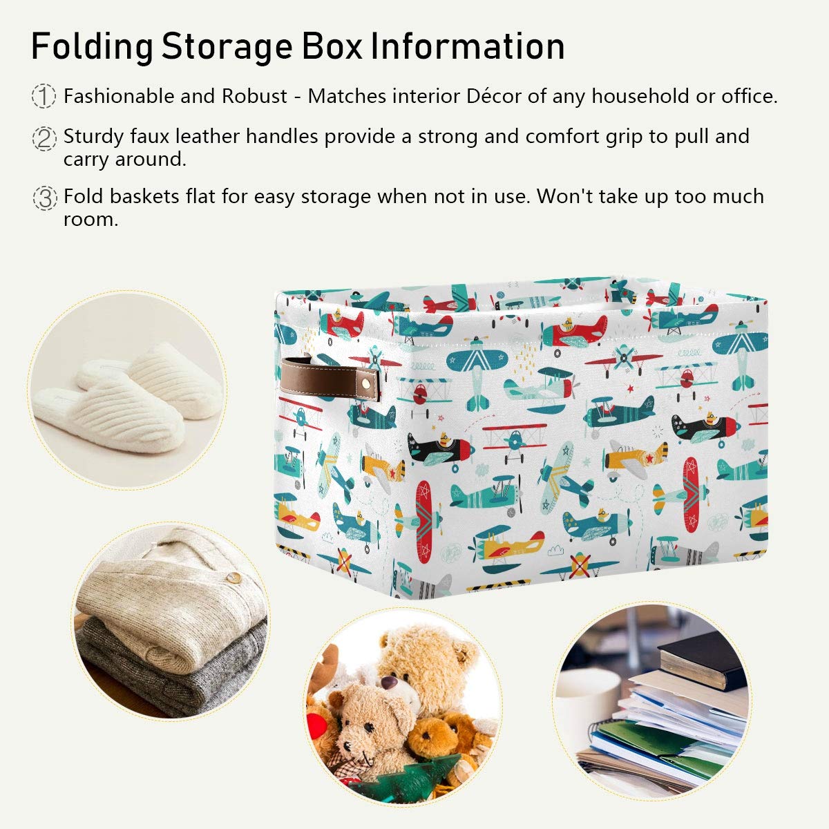 **Cartoon Airplane & Helicopter Collapsible Storage Basket - Large 15x11x9.5in Kids Toy Organizer for Closet, Nursery, Bedroom & Laundry - Foldable Bin for Toys, Clothes & Books (1 Pack)**    *(Use Case: Perfect for organizing toys, clothes, books, and essentials in kids' rooms, nurseries, closets, and laundry areas.)*