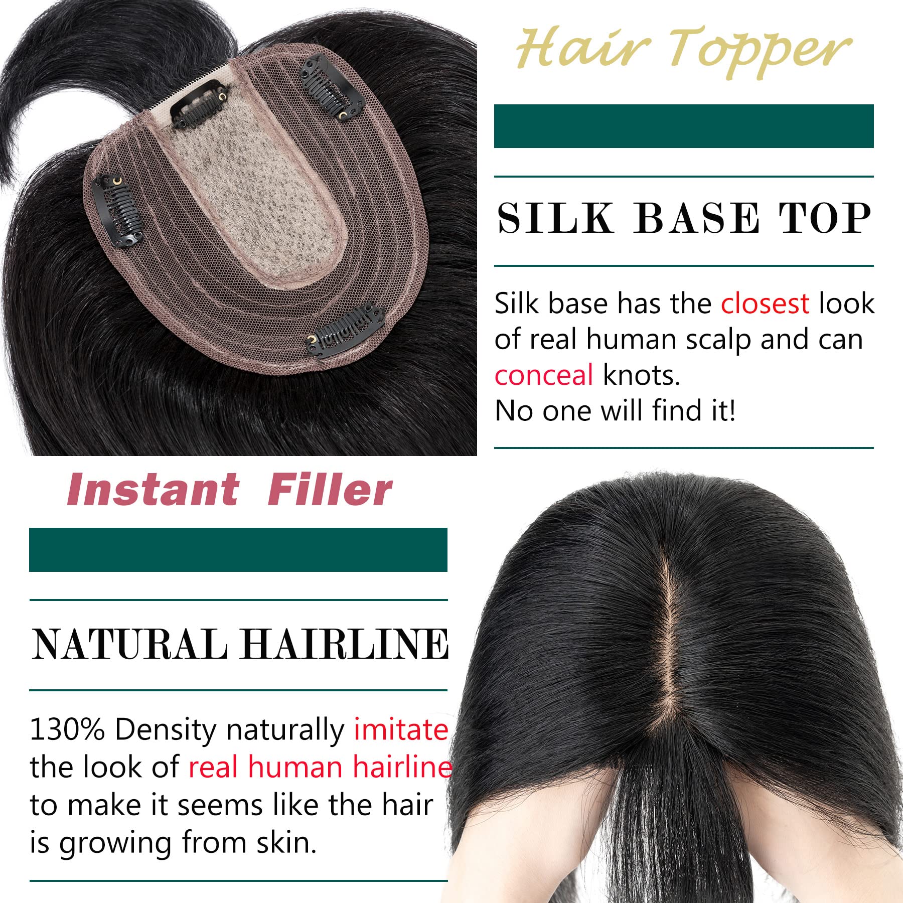 Premium 130% Density Human Hair Toppers with Bangs - Hand-Tied Silk Base Clip-In Hairpiece for Women with Thinning Hair | Natural Hair Loss Solution & Gray Coverage | 10 Inch 35g Jet Black | Perfect for Daily Wear, Special Occasions & Confidence Boosting Hairstyles