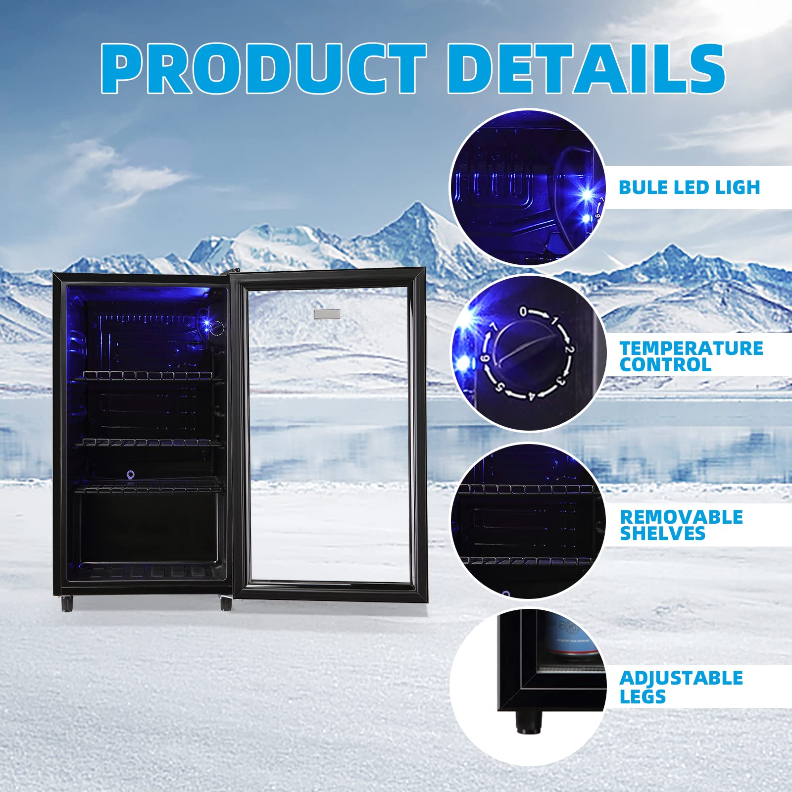 WANAI 125 Can Mini Fridge with Glass Door - Compact Beverage Cooler for Beer, Wine & Juice - Adjustable Shelves & LED Lighting - Perfect for Home, Office, Bar & Dorm Room Use
