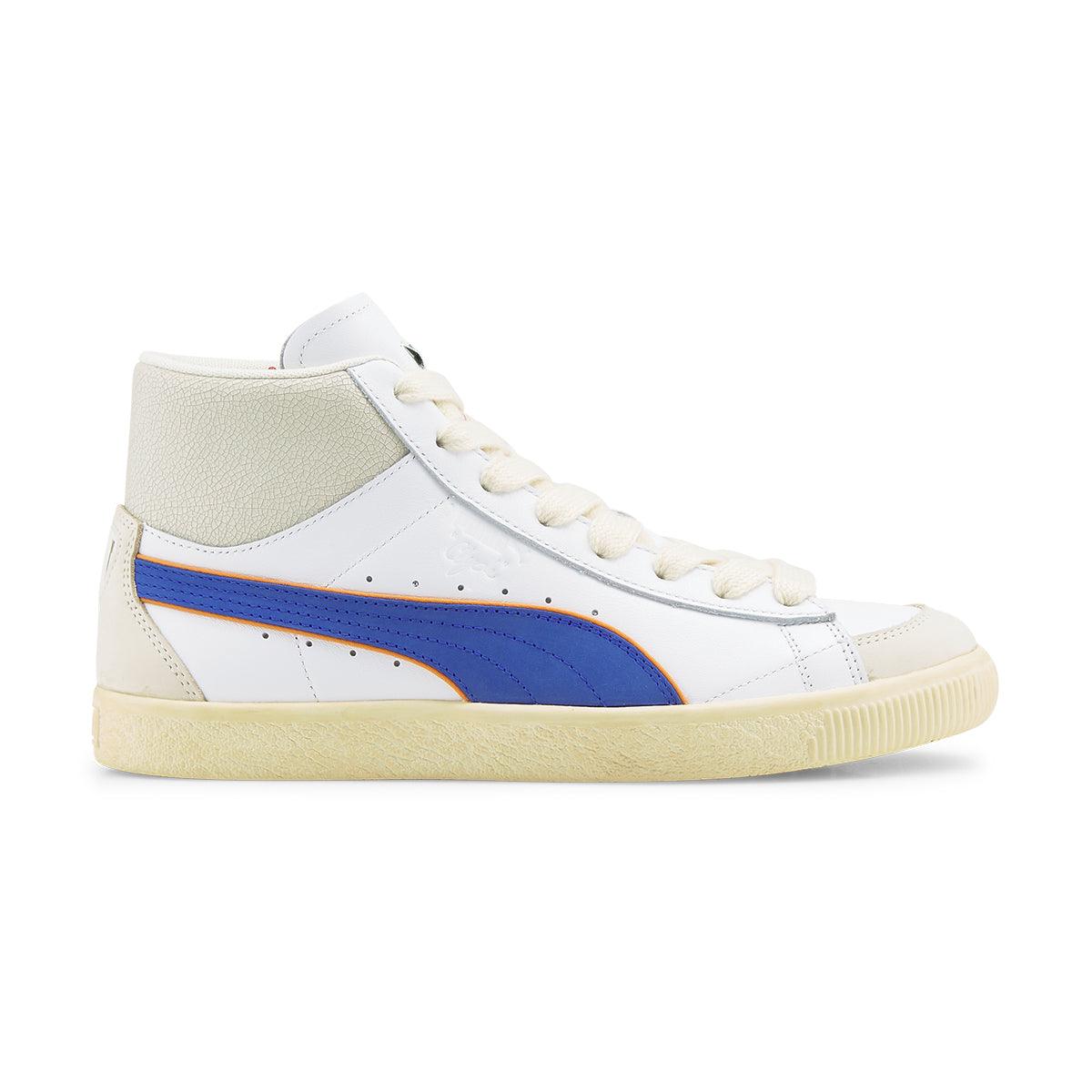 Rhuigi Clyde Mid Basketball Sneakers in White & Royal - Stylish High-Top Shoes for Men, Streetwear & Casual Wear