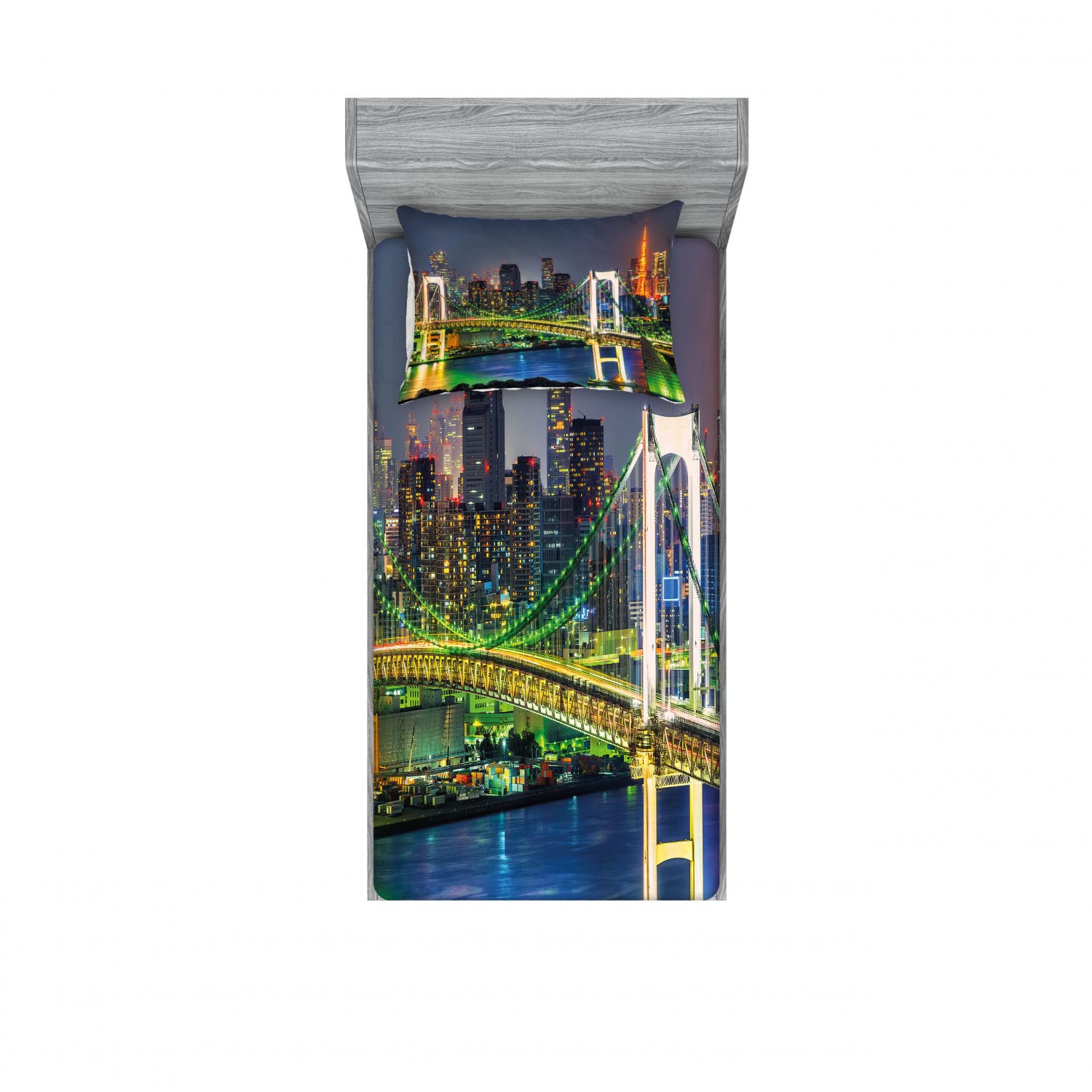 Ambesonne Tokyo Skyline Japanese 2-Pack Twin Fitted Sheet & Pillow Sham Set - 4 Piece Bedding Decor in Green Navy - Perfect for Modern Bedrooms, Guest Rooms & Dorm Decor