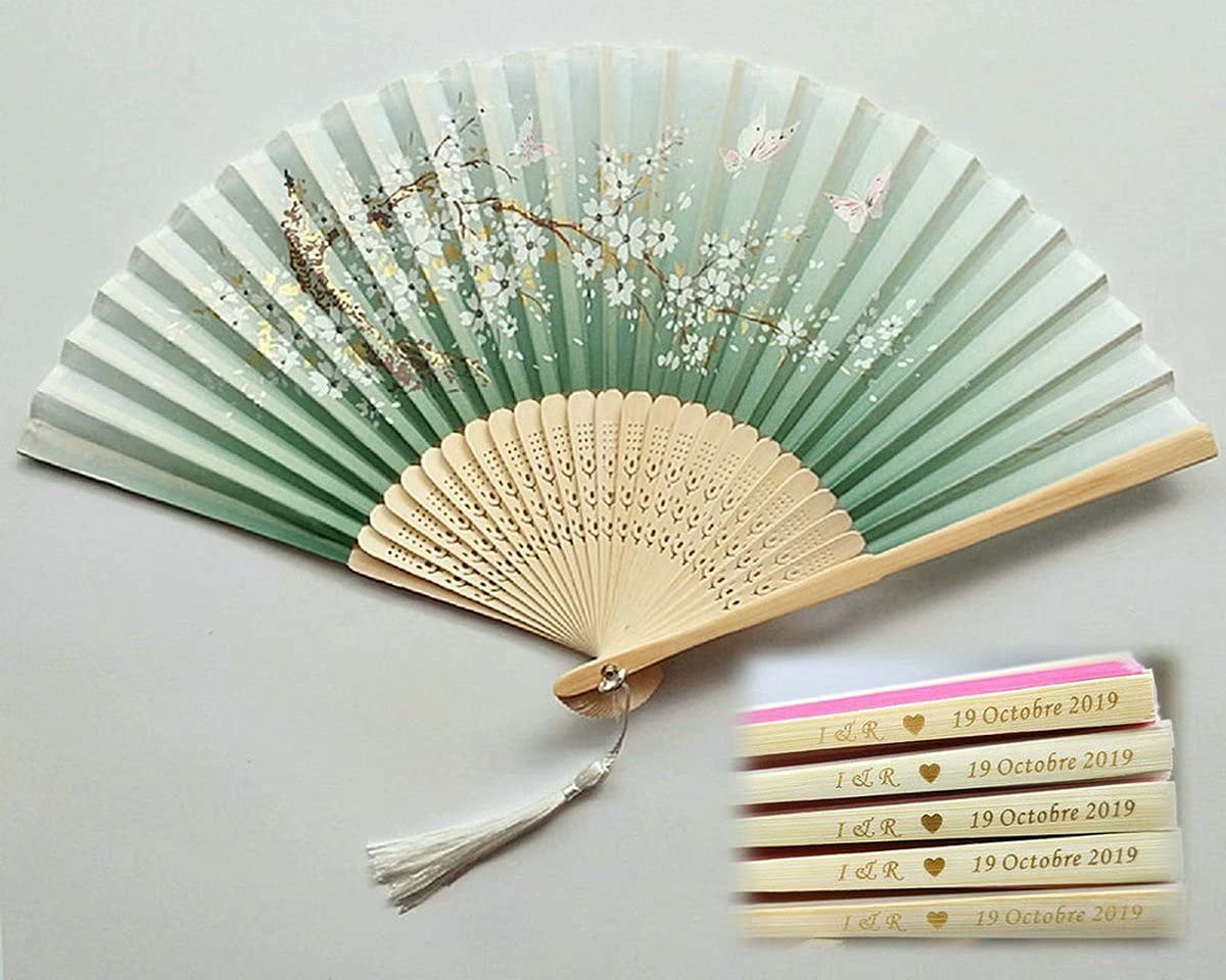Handmade Custom Text Folding Fan - Green Silk Flower Fan with Bamboo Frame & Elegant Tassel - Baby Shower, Wedding, Birthday Party Gift - Perfect for Bridal Accessories, Photo Props & Summer Cooling