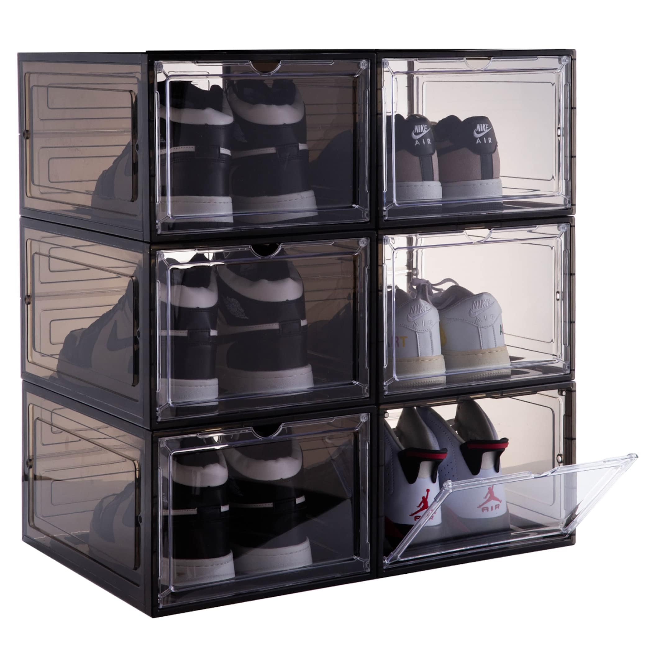 6 Pack Clear Plastic Stackable Shoe Organizer Boxes with Magnetic Drop Front Door - Large Shoe Storage Containers for Closet, Bedroom & Entryway Organization (Black)