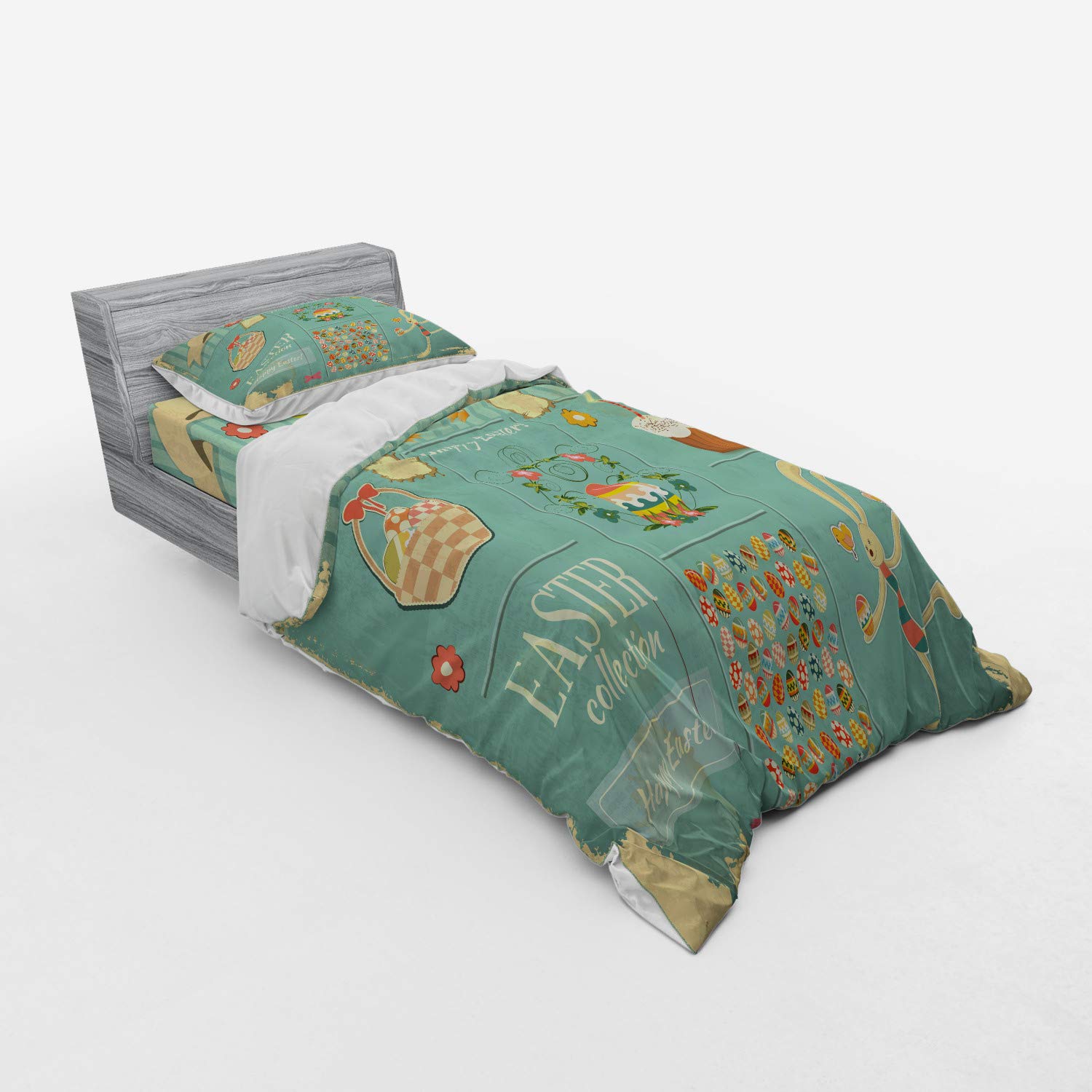 Ambesonne Easter Bedding Set - 3 Piece Duvet Cover with Sham & Fitted Sheet, Twin Size - Rabbit, Eggs, Cupcake & Basket Spring Design - Perfect for Easter Decorations & Seasonal Bedroom Refresh