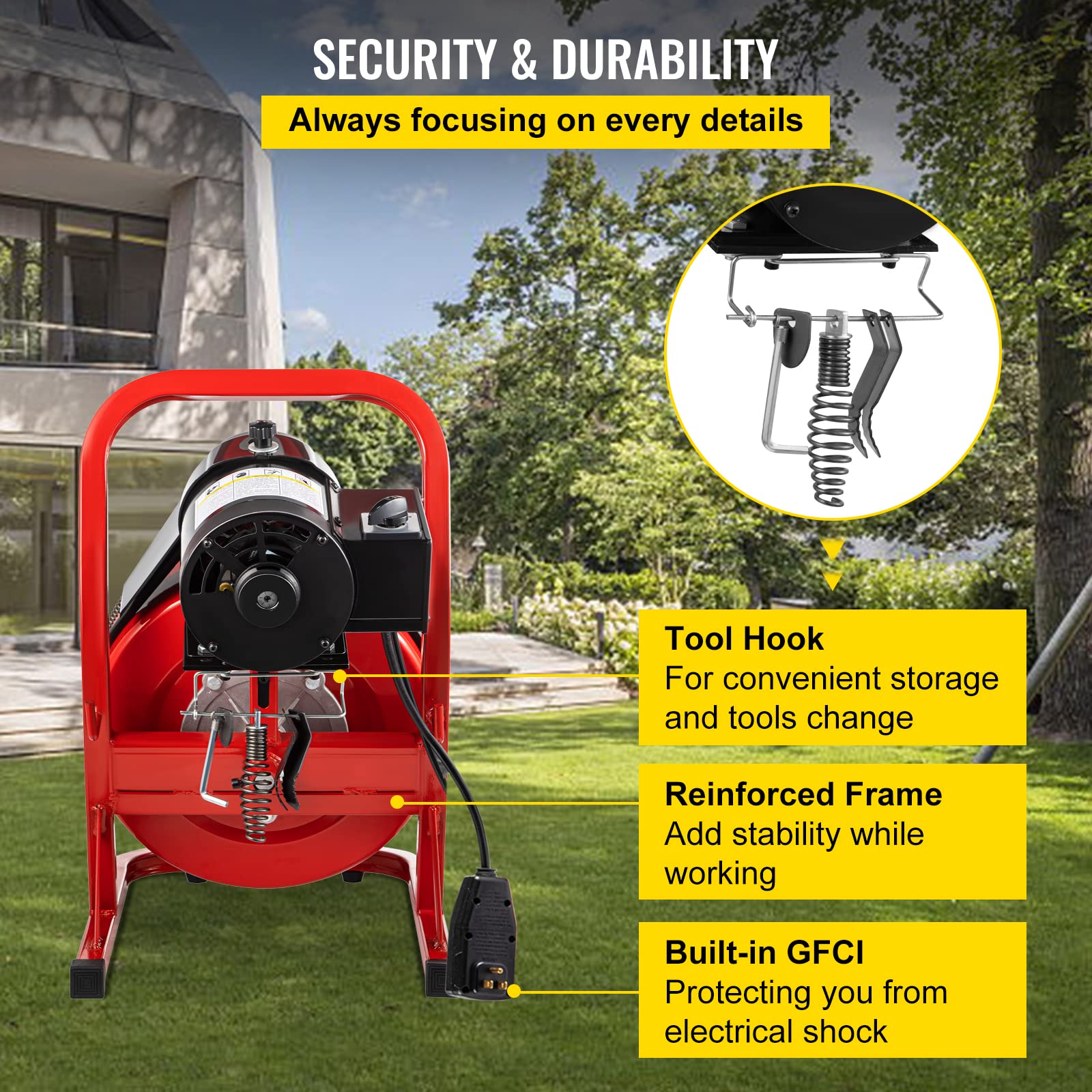 VEVOR Electric Drain Cleaner Machine - 75 Ft x 3/8 Inch Drain Snake for 1-4 Inch Pipes, Portable Plumbing Tool with 4 Cutters | Clog Remover for Kitchen Sink, Shower, Bathtub & Toilet Drain Cleaning