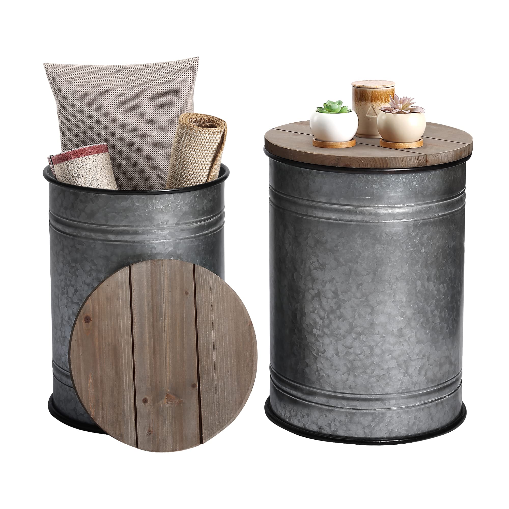 Rustic Farmhouse Side Table with Galvanized Metal Base & Round Wood Lid - Storage Ottoman Stool, Vintage End Table for Living Room, Coffee Table, or Bedroom - Perfect for Home Decor & Nesting Set (2-Piece)