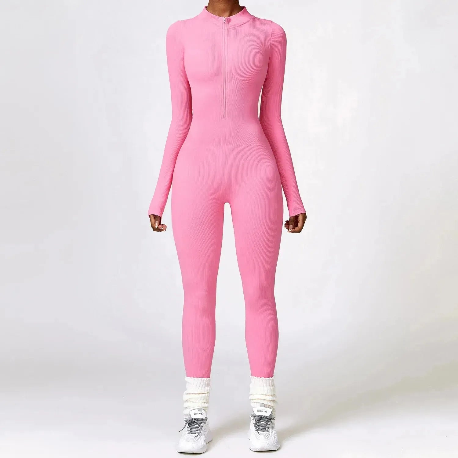 Women's Ribbed Jumpsuit One Piece with Zipper - Long Sleeve Yoga Outfit, Gym Push Up Workout Clothes, Fitness Bodysuit & Sportswear Tracksuit for Yoga, Running, Gym & Casual Wear