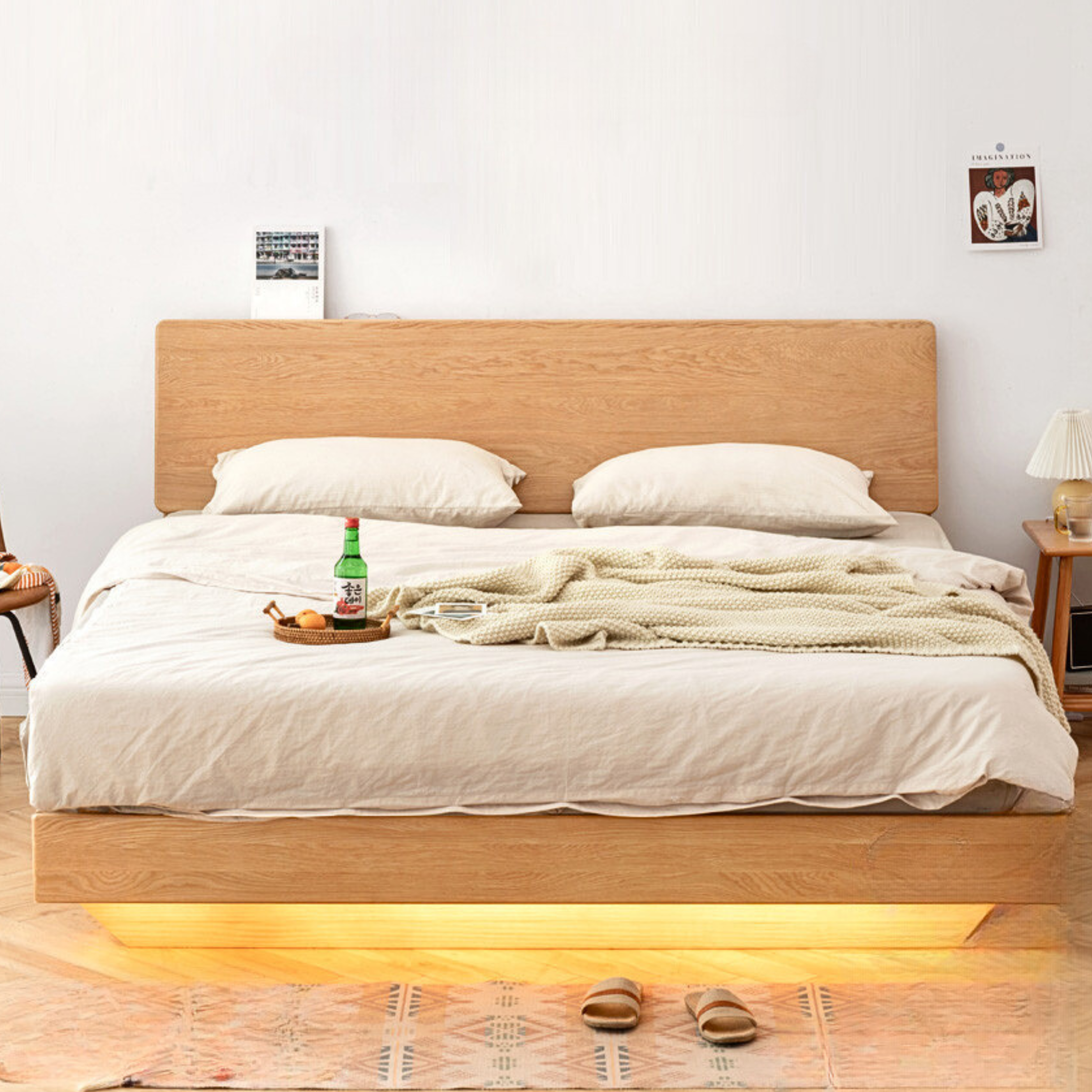 Solid Oak & Black Walnut Wood Floating Platform Bed with LED Lighting - Modern Bedroom Furniture for Contemporary Home Decor