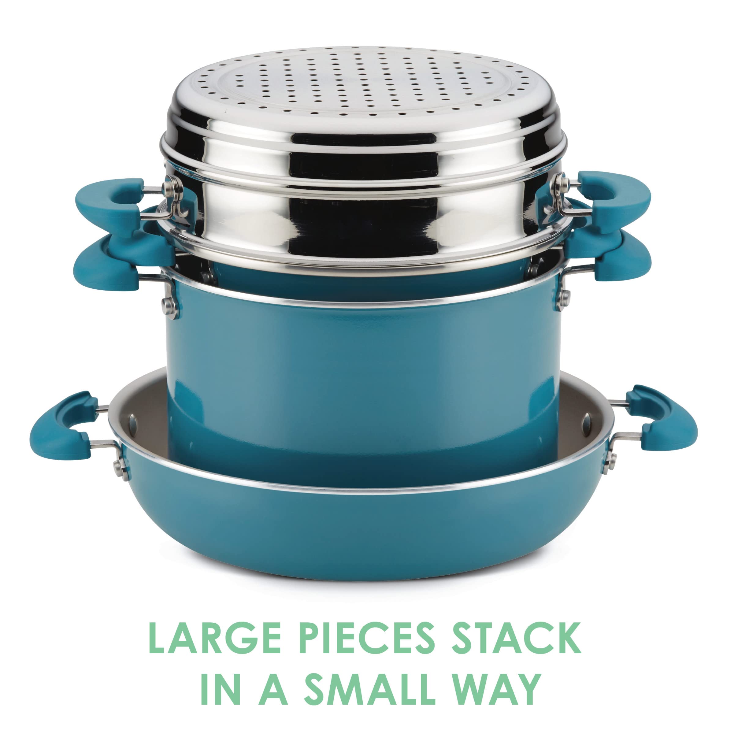 Rachael Ray Nonstick Cookware Set, 8-Piece Stackable Pots and Pans - Turquoise | Durable & Easy Clean for Everyday Cooking, Baking & Meal Prep