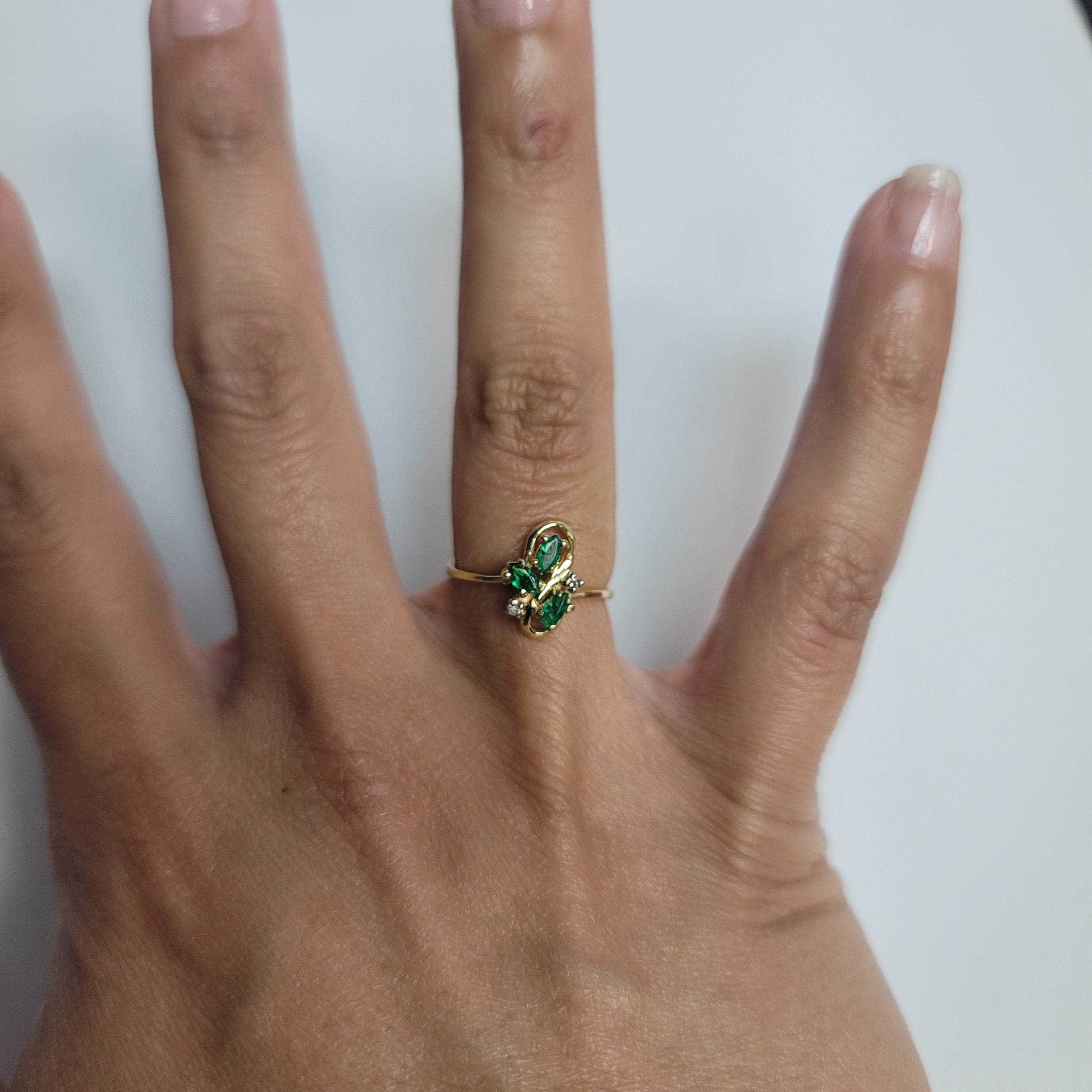 14K Yellow Gold Marquise Emerald & Diamond Ring .29cttw - Elegant Vintage Jewelry for Weddings, Anniversaries & Special Occasions