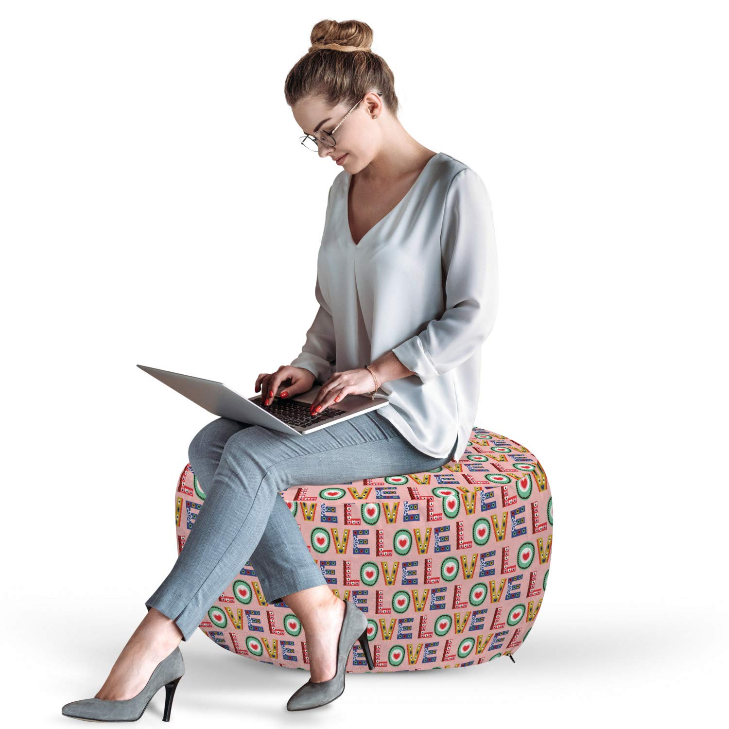Lunarable Valentine's Day Pouf Cover with Zipper - Boho Hearts & Flowers Design, Soft Decorative Fabric Unstuffed Case 30