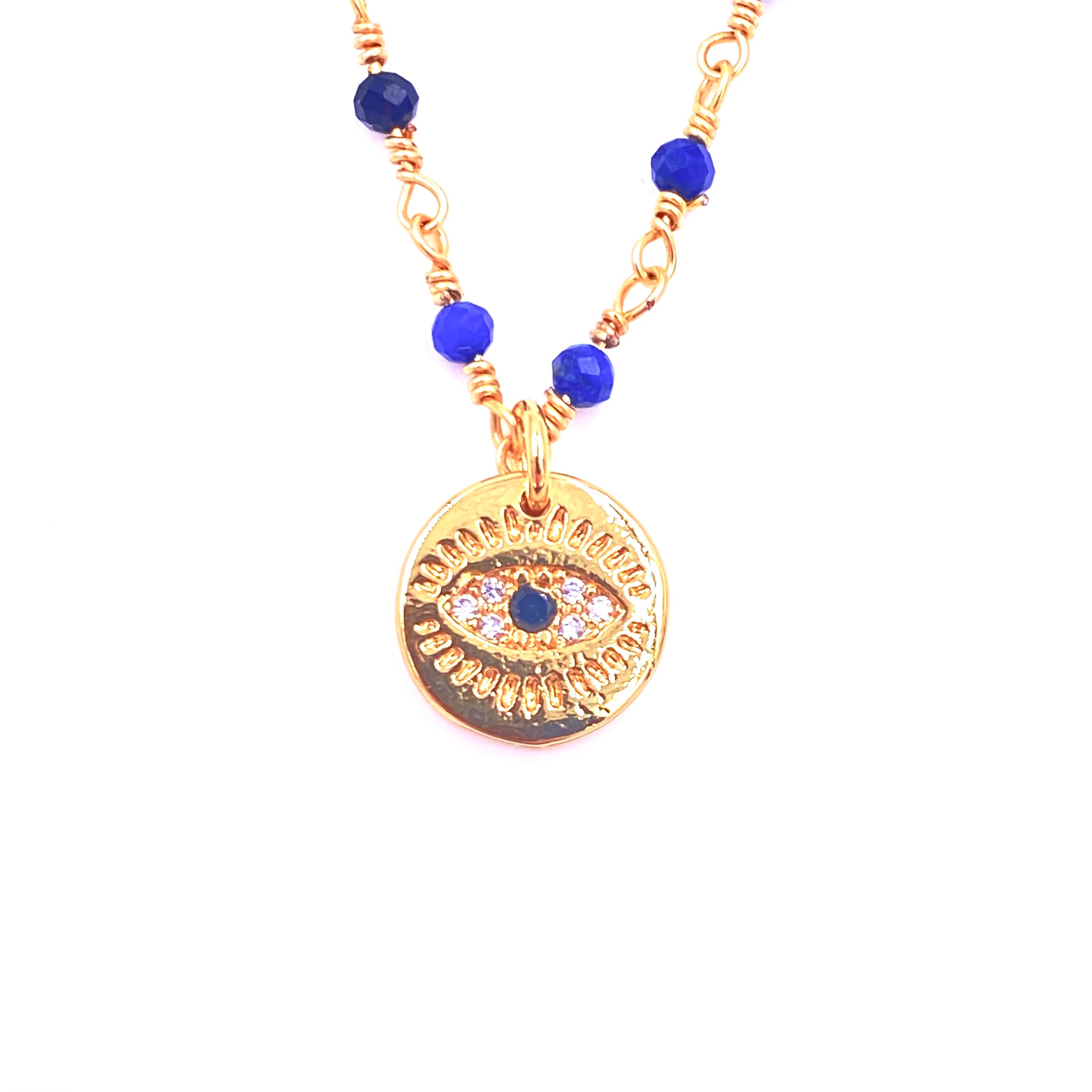 Ashley Gold Stainless Steel Blue Beaded Chain with CZ Evil Eye Pendant Necklace for Women - Elegant Jewelry Gift for Birthday, Party & Everyday Wear