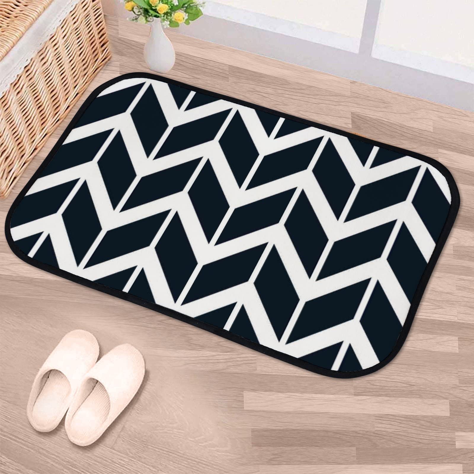 Non-Slip Chevron Pattern Foam Area Rug - Washable Navy Blue Arrow Design for Kitchen, Bathroom, Living Room - 23.6