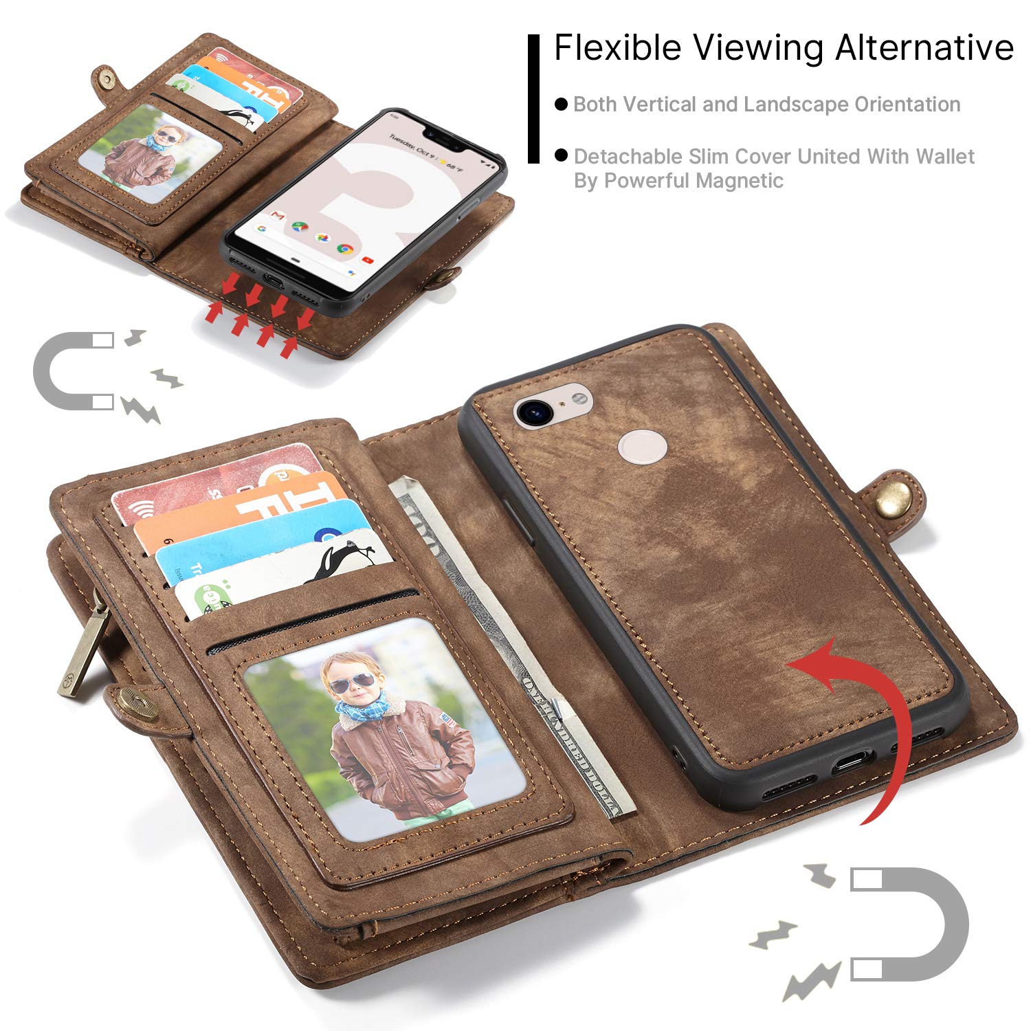 Google Pixel 3A Leather Wallet Case with Zipper Purse, Detachable Card Slots, Magnetic Wrist Strap & Shockproof Protection - Perfect for Travel, Work & Everyday Use (Brown, Pixel 3A)