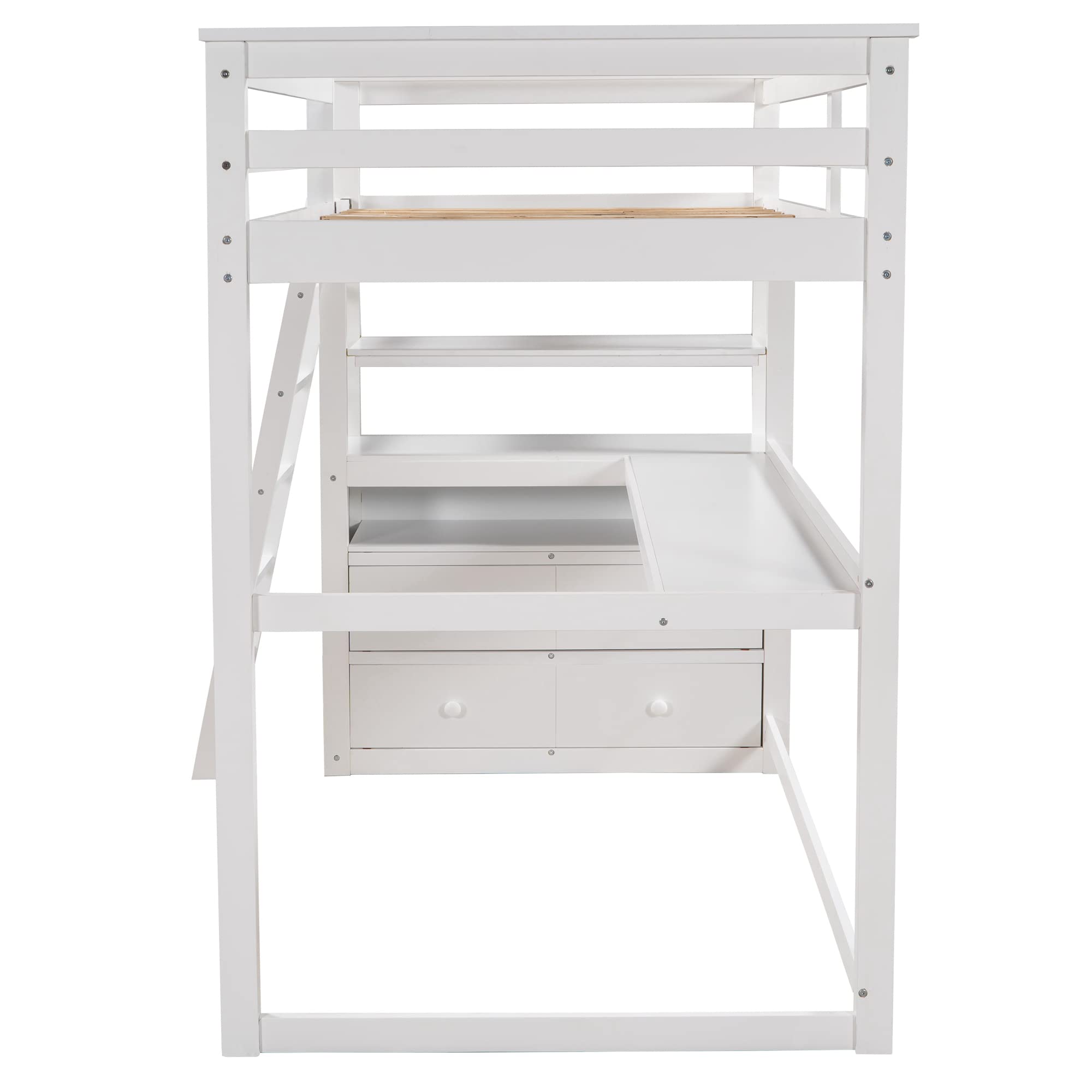 Twin Size Wood Loft Bed with Desk, Shelves & Storage Drawers - Sturdy Study Bed Frame for Kids, Teens & Adults - Perfect for Small Bedrooms, Dorm Rooms & Home Offices (White)